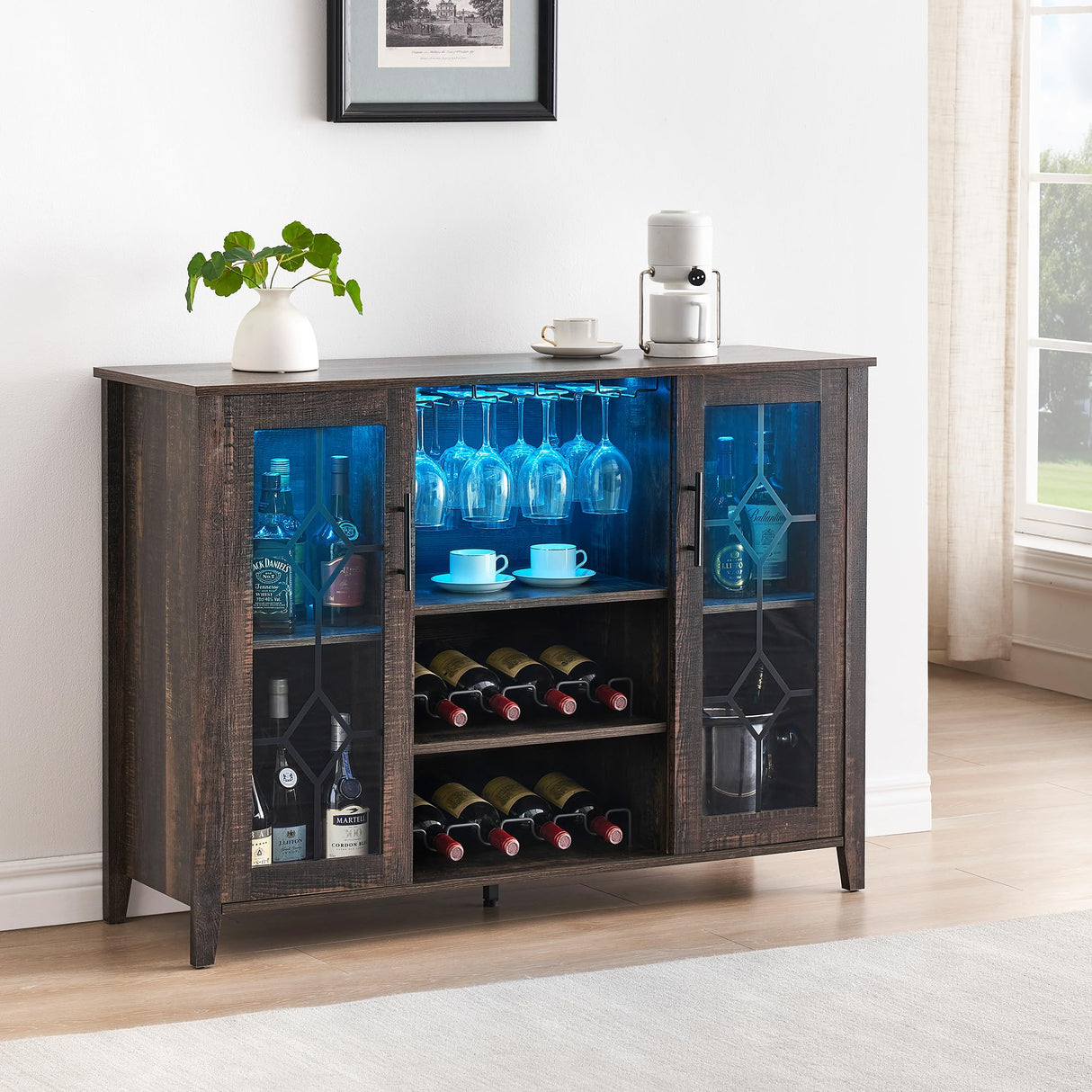 IDEALHOUSE Wine Bar Cabinet with Led Light,Home Coffee Cabinet with Wine and Glass Rack,Kitchen Buffet Sideboard with Storage,Liquor Cabinet for Bar,Dining Room,Kitchen(Dark Rustic Oak) IDEALHOUSE