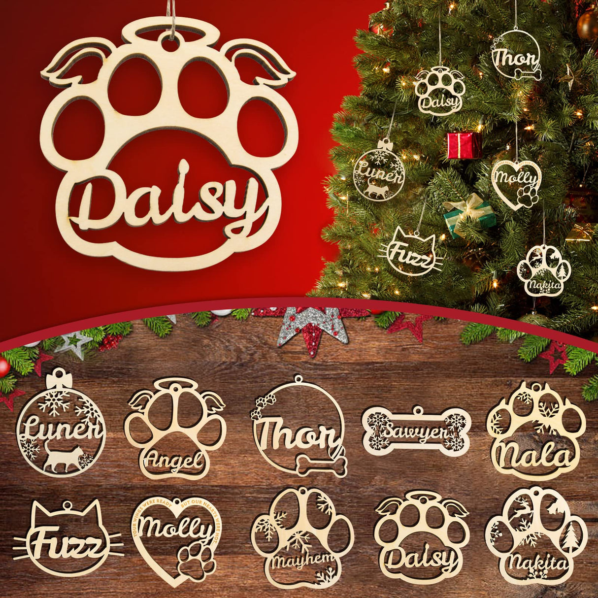 Personalized Cat Paw Christmas Ornaments with Angel Wings, Custom Pet Name Wooden Ornaments for Christmas Tree Decorations Gifts SIMIEEK