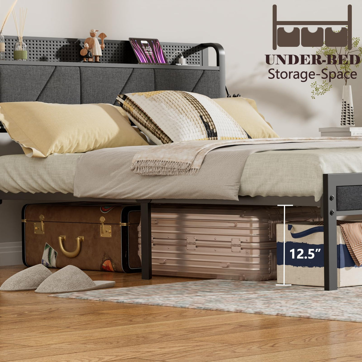 Furnulem Rustic Brown Queen Size Bed Frame with LED Headboard, USB Charging Station and Under-Bed Storage Furnulem