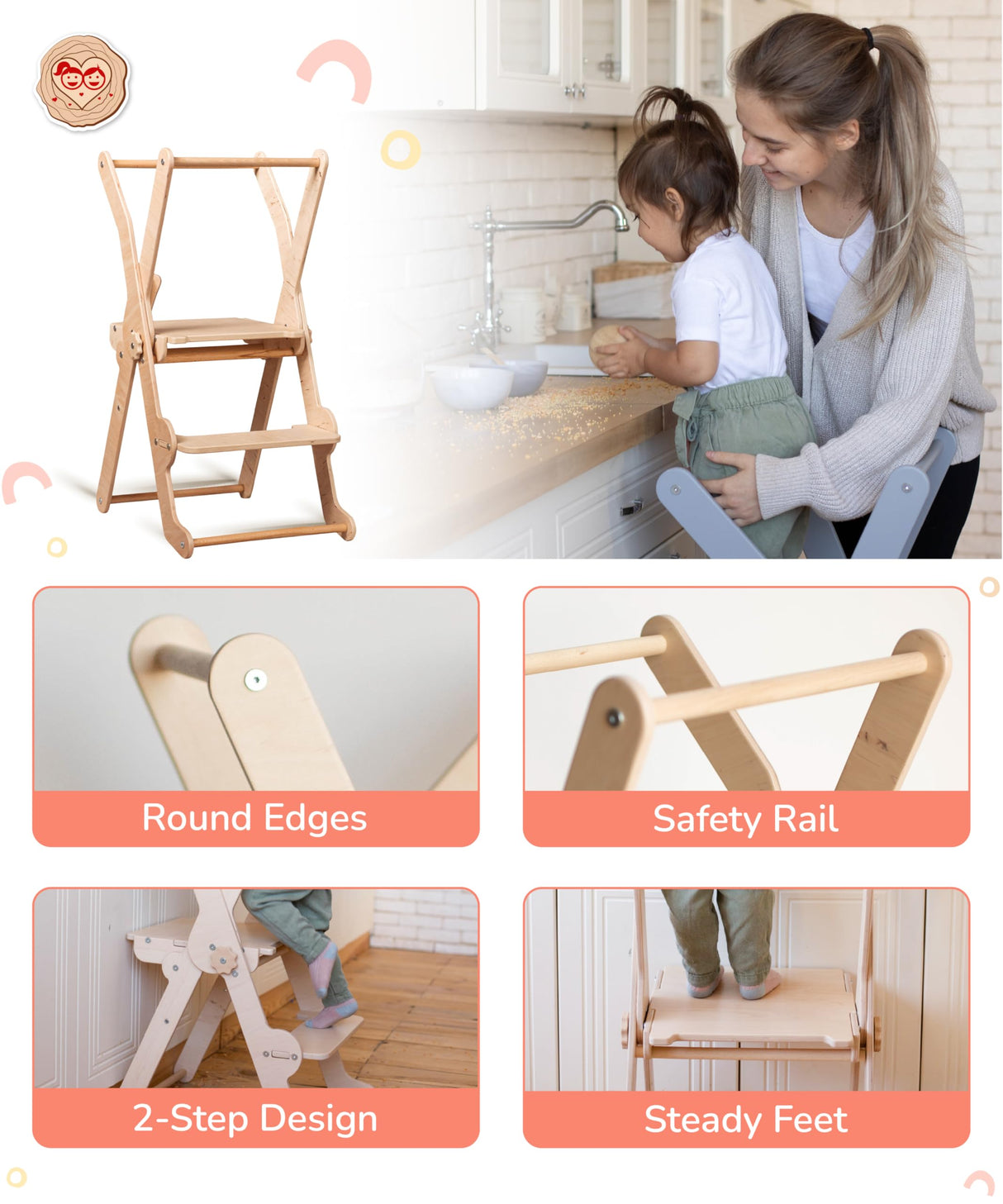 Woodandhearts toddler tower, Made in EU, toddler tower, toddler stool, foldable toddler tower, toddler standing tower, toddler stool for kitchen, toddler tower foldable (Ladder) Wood And Hearts