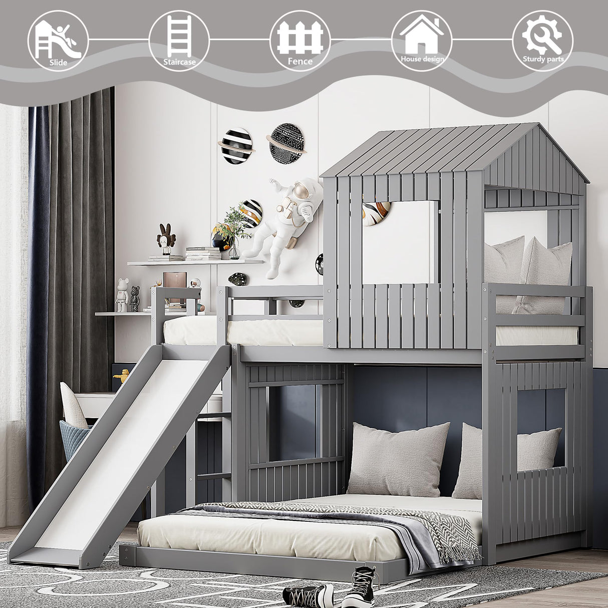 Harper & Bright Designs House Floor Bunk Beds with Slide, Wooden Twin Over Full Bunk Beds with Slide, Roof and Guard Rail for Kids, Teens, No Box Spring Needed (Gray, Twin Over Full Size) Harper & Bright Designs