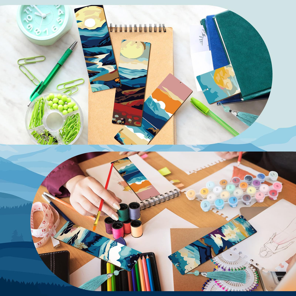 Kosiz 12 Pcs Mountain Paint by Numbers Kit for Adults Wood Bookmarks Painting Decor Mini Paint by Numbers Kits Tassels Blank Bookmarks Ornament for Small DIY Book Lovers Birthday Craft Gift 7x2 '' Kosiz