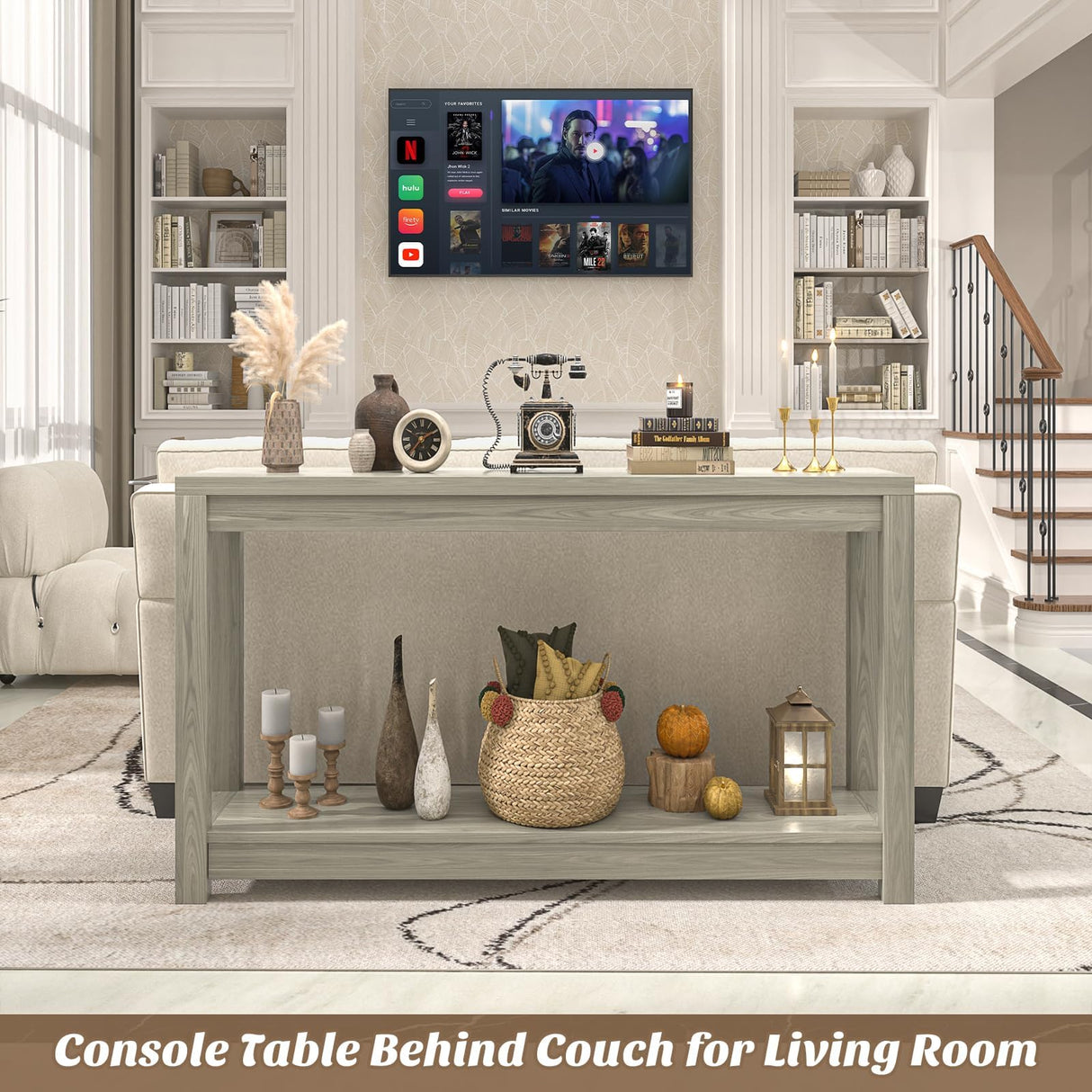 Besiost 47" Farmhouse Wood Entryway Table Narrow Console Table with Storage Behind Couch Sofa Table with Shelves Entry Way Table with Open Storage, Easy Assembly, Classical Washed Oak Besiost