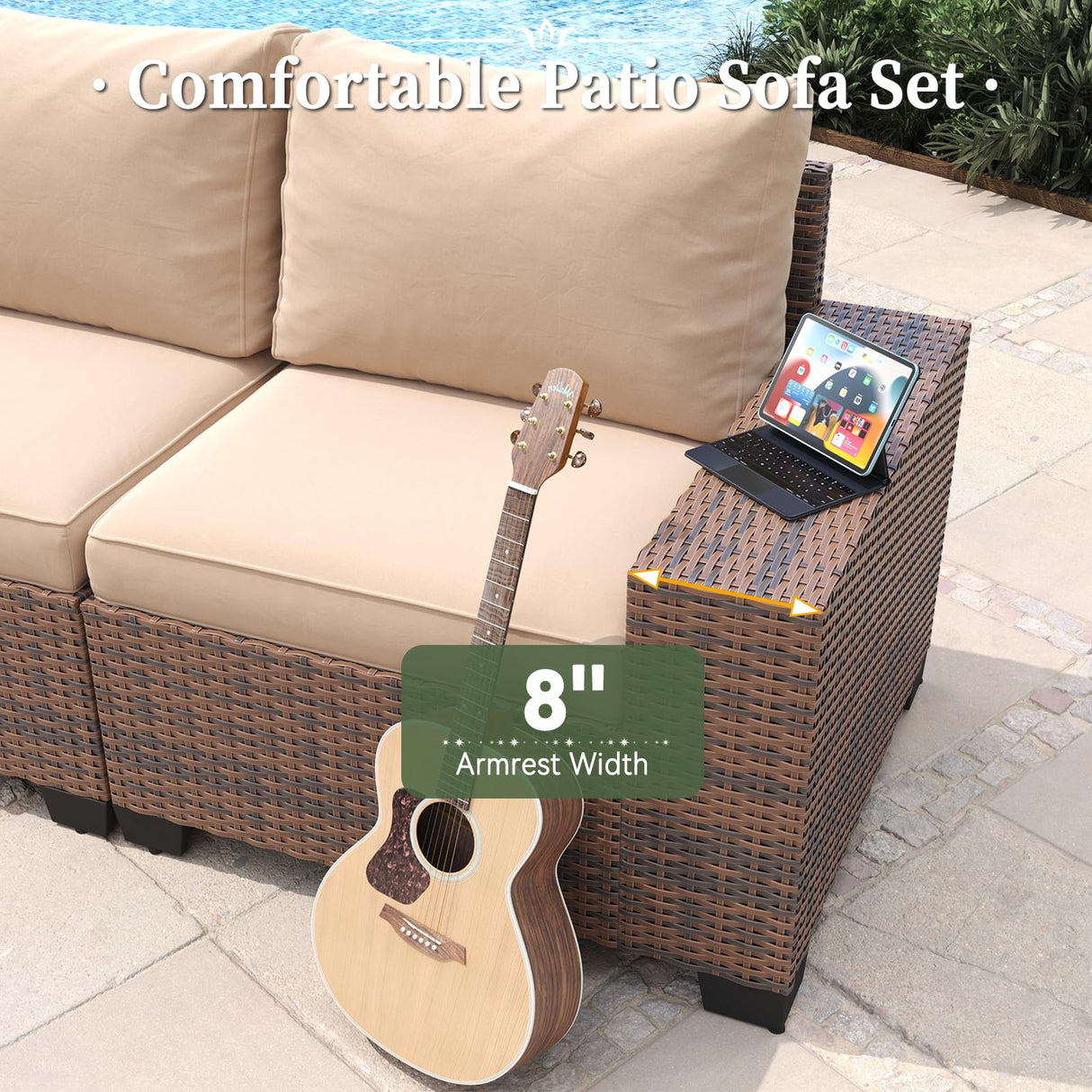 Aoxun 7 Piece Patio Furniture Set with Wide Armrests & 44” Fire Pit Table Wicker Rattan Outdoor Sectional Sofa Set with Coffee Table and Thickened Cushions, Brown/Beige(Waterproof Cover Included) Aoxun