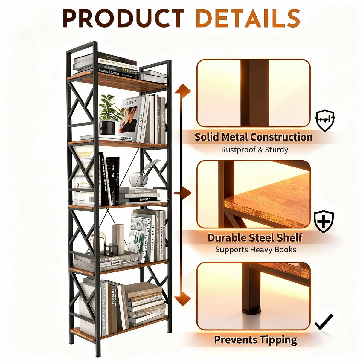 72"H 5-Tier Bookshelf: MDF Wood & Steel Shelves with 500lbs,Tall Narrow Adjustable-Shelf Bookcase.Bookshelves Storage Organizer, Industrial Display Standing Shelf Unit for Living Room/bedroom/Office FREGREE