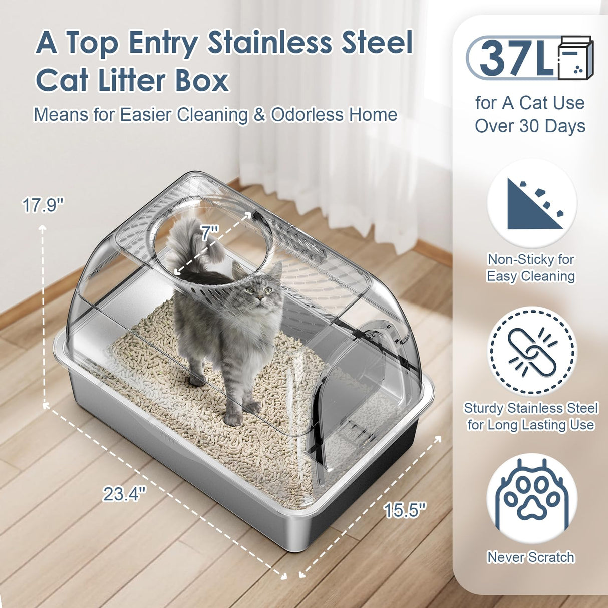 Stainless Steel Top Entry Litter Box with Dog-Proof, Hooded Stainless Steel Litter Box with Filter Lid & Scoop for Low Tracking, Enclosed Cat Litter Boxes for Anti-Leakage Metal Litter Pan suzzipaws