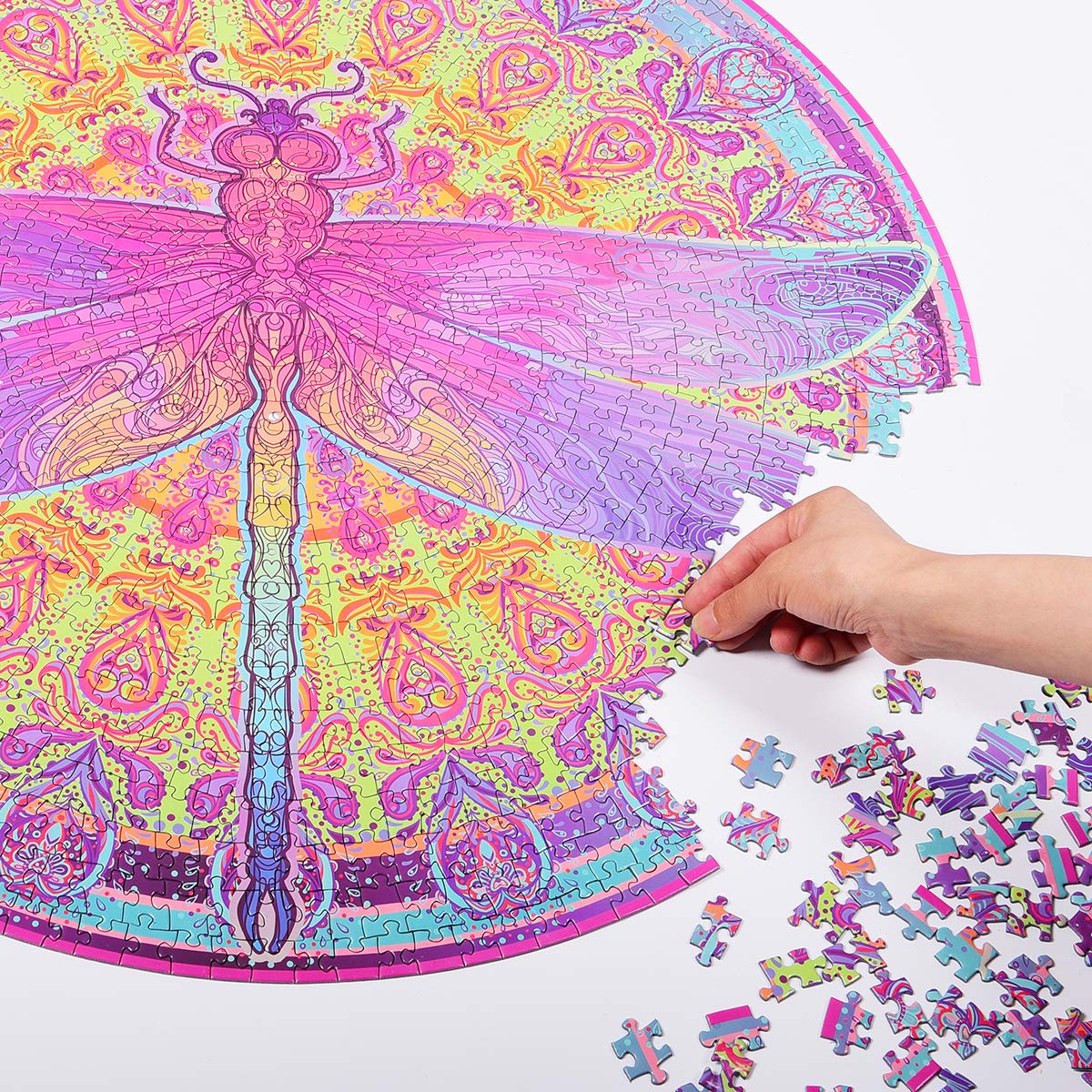 Bgraamiens Puzzle-Zentangle Dragonfly-1000 Pieces Vivid Dragonfly Round Mandala Puzzle Color Challenge Jigsaw Puzzles Bgraamiens