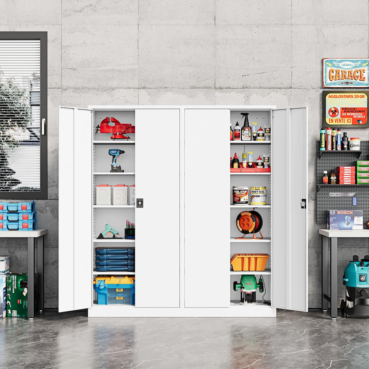 Fesbos Metal Storage Cabinet-71” Tall Steel File Cabinets with Lockable Doors and Adjustable Shelves-White Steel Storage Cabinet for Home,Kitchen, School, Office, Garage Fesbos