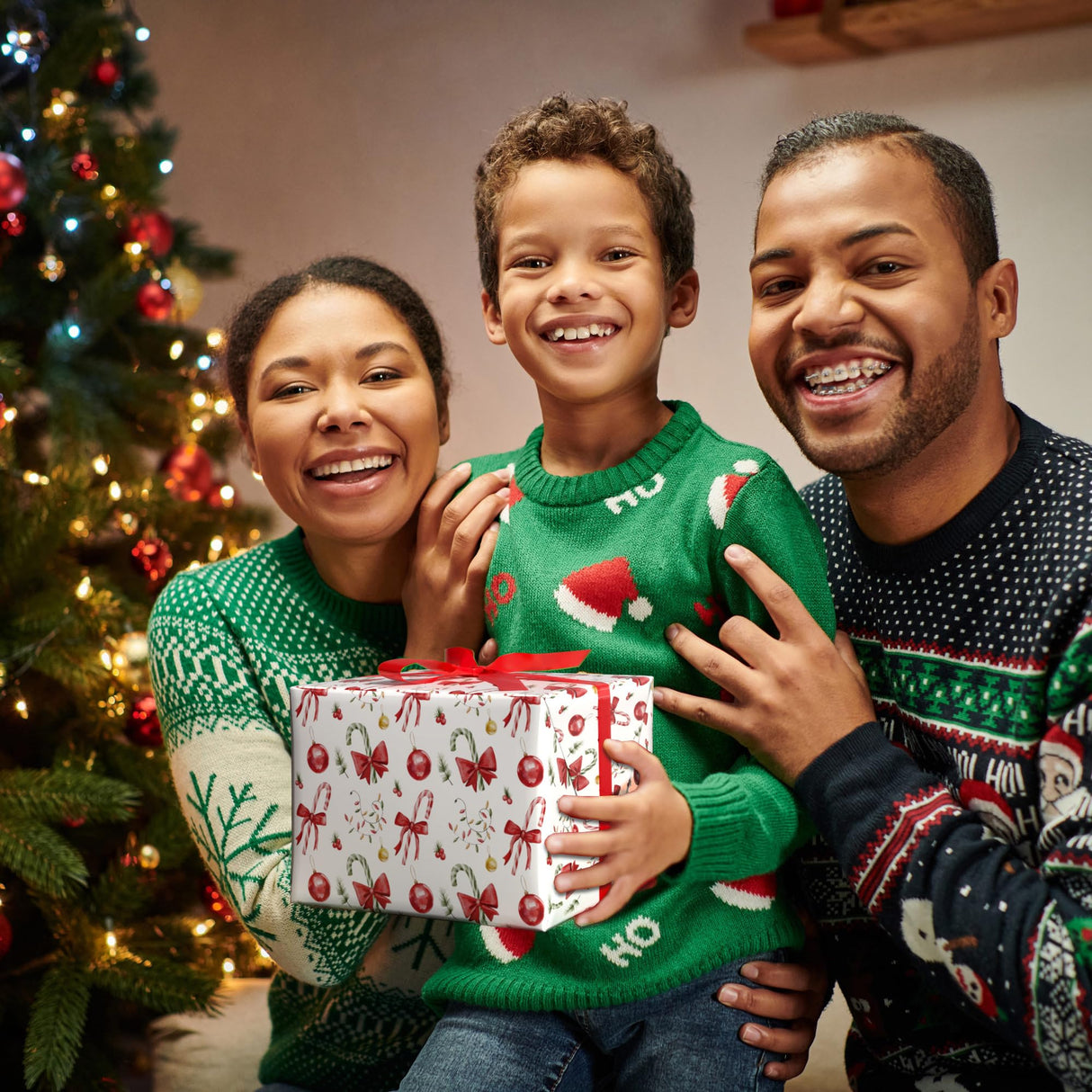 GIOLNIAY Candy Canes Christmas Wrapping Paper for Kids Adults - Holiday Gift Wrap Red Bows, Candy Canes & Ornaments - 4 Jumbo Sheets, 28" x 40" Each (31 sq. ft ttl), Easy to Store GIOLNIAY