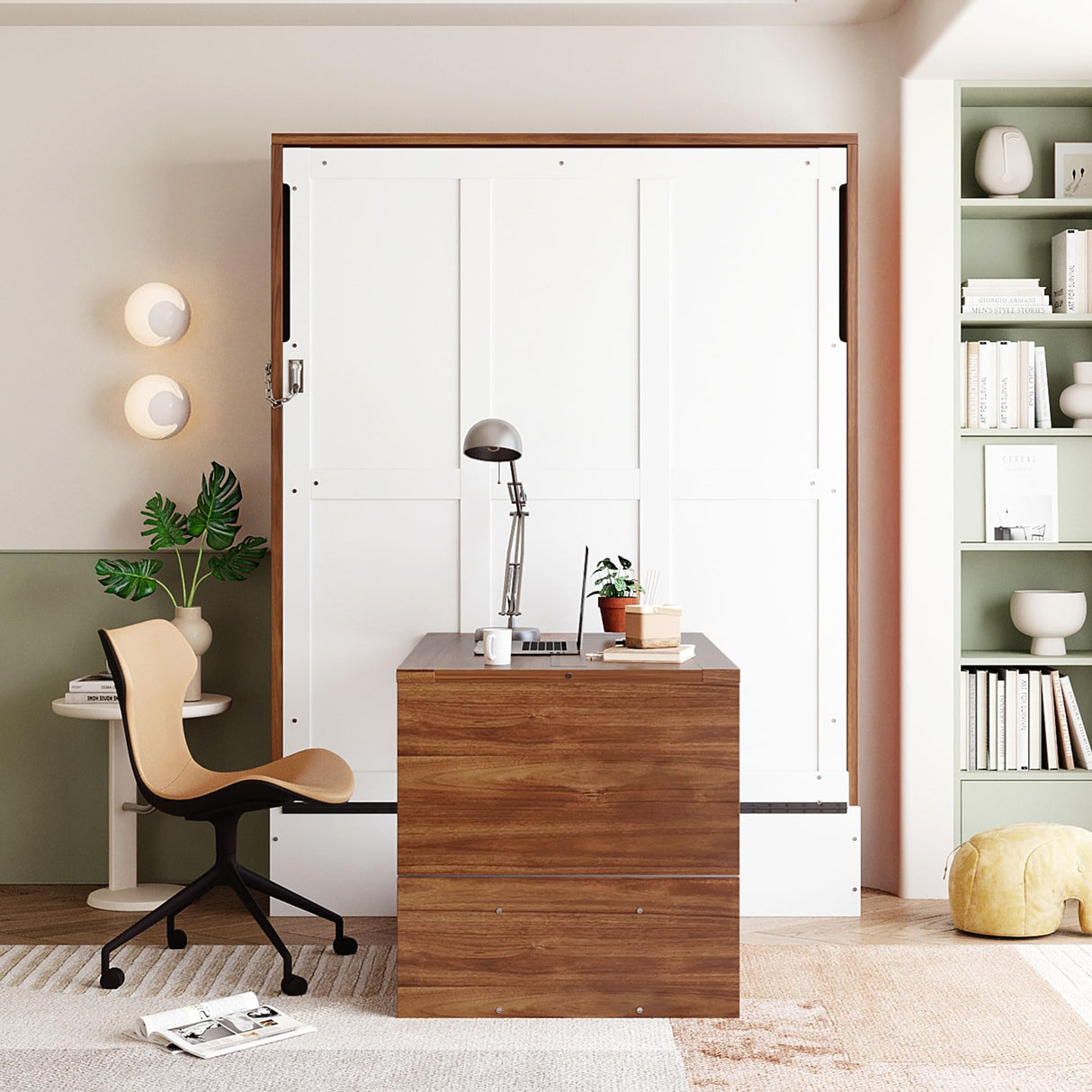 Full Size Murphy Bed with Foldable Desk Hidden Folding Wall Bed Frame Folding into Cabinet Design Wood Cabinet Platform Bed can be Folded into Desk for Small Space Bedroom Guest Room - Walnut & White MaiDeHaoo