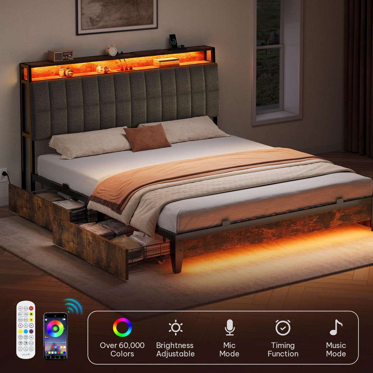 YITAHOME Queen Size Bed Frame with RGB LED Lights and 4 Drawers, Upholstered Platform Bed with Charging Station and Storage Headboard, No Box Spring Needed, Noise-Free, Fast Assembly, Rustic Brown YITAHOME