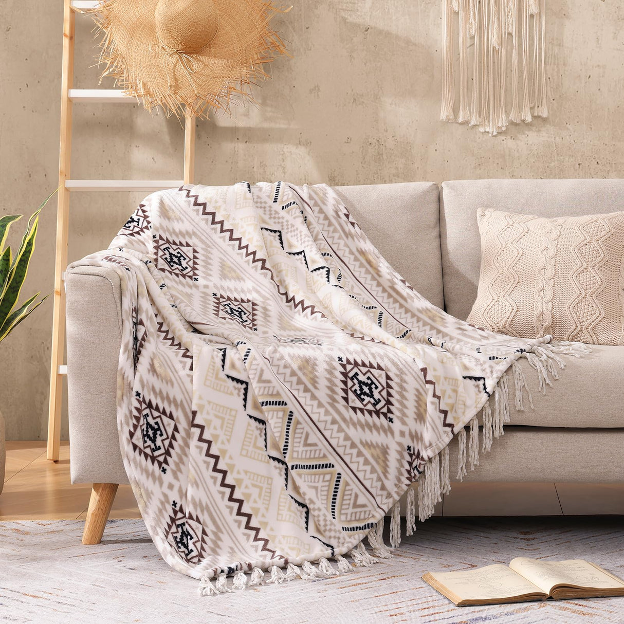 CASAAGUSTO Boho Throw Blanket - Beige and Gray Decorative Blankets with Tassel, Printed Flannel Bohemian Blanket for Chair, Bed, Sofa, Couch(50 * 60, Beige and Gray) CASAAGUSTO