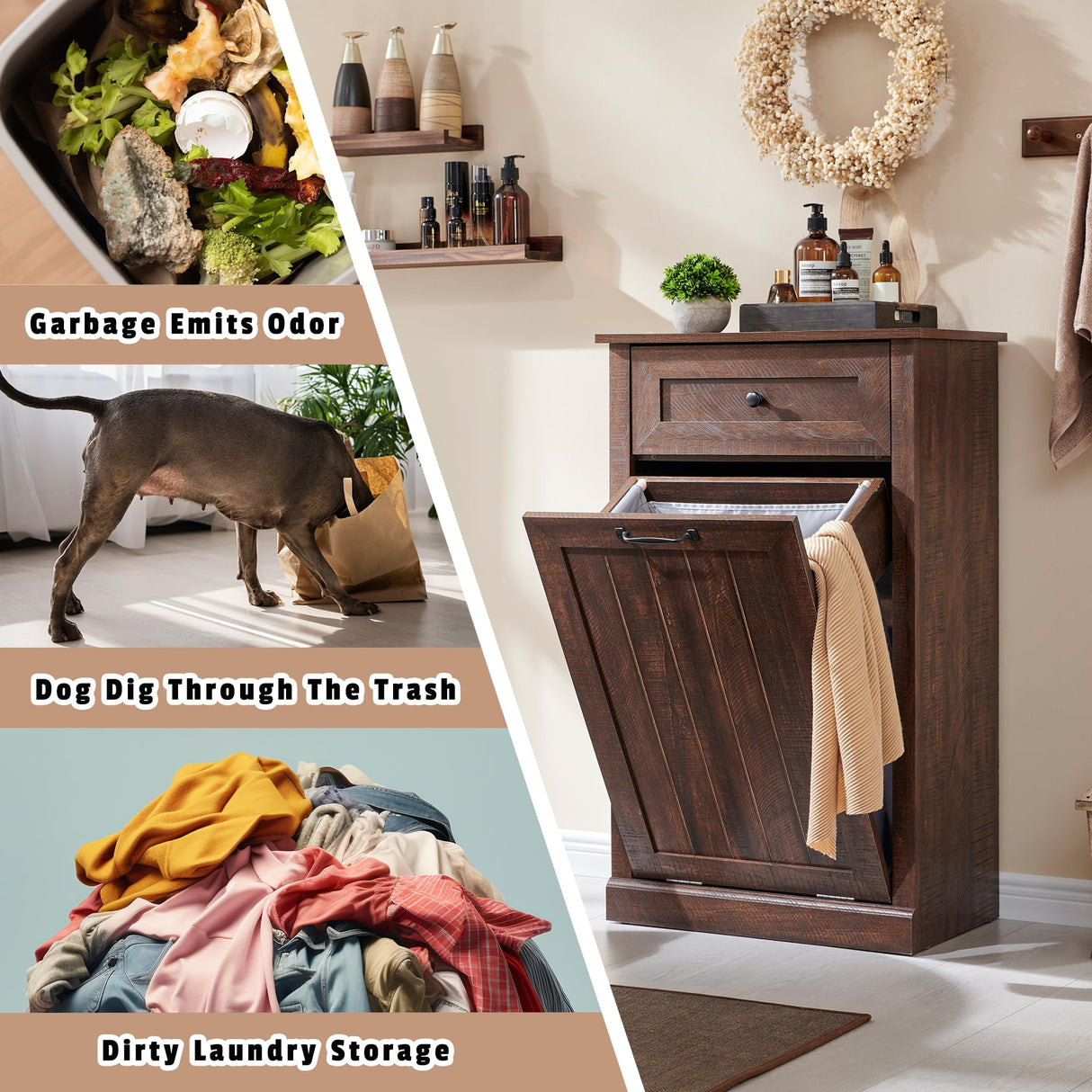 IFGET Tilt Out Trash Can Cabinet, Dog Proof Trash Can Cabinet, Farmhouse Hidden Laundry Hamper Cabinet with Barn Door, 10 Gallon Garbage Can Bin Cabinet with Storage Basket for Kitchen (Brown) IFGET