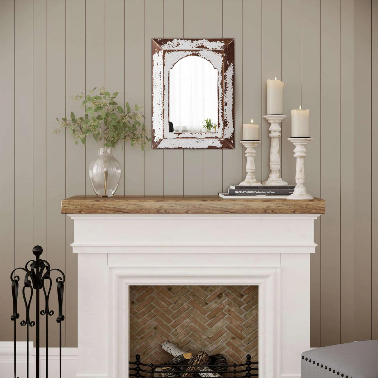 Sintosin Farmhouse Arched Mirrors for Wall Decor Living Room 16 X 12 Inch, Hanging Distressed Rectangular Carved Wood Frame Entryway Mirror, Handmade Antique Bathroom Mirrors for Over Sink Sintosin