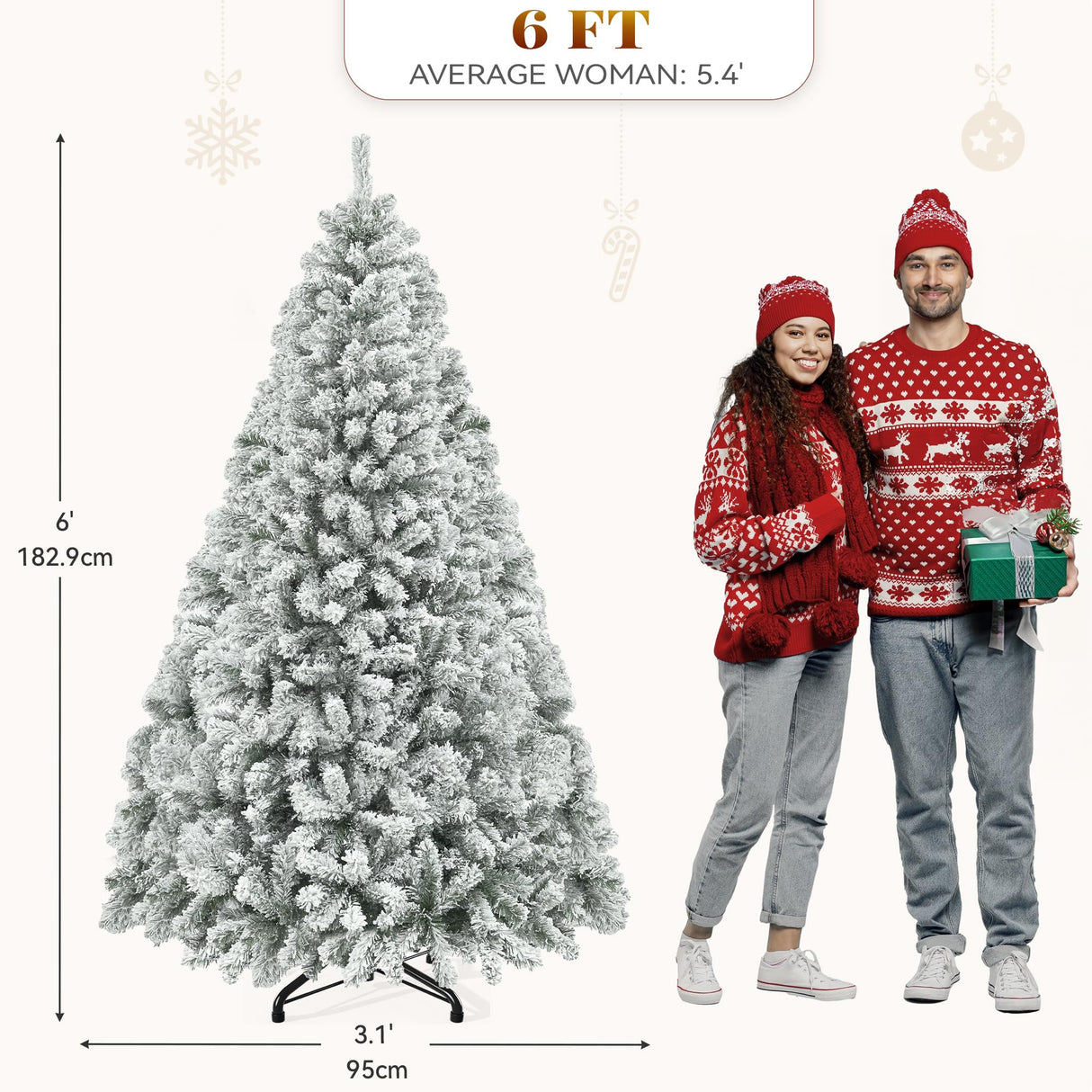 YITAHOME Snow Flocked Artificial Full Christmas Tree, Christmas Pine Tree with 880 Branch Tips, and Foldable Base for Home, Party Decoration(6ft) YITAHOME