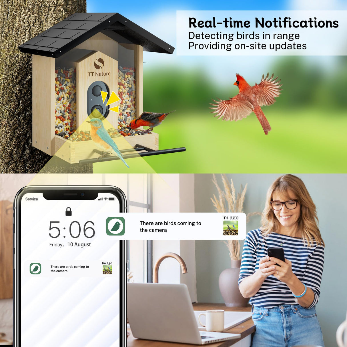 TT Nature Bird Feeder with Camera, Upgraded 1.5L Smart Bird Feeder with AI Identify for 10000 Plus Bird Species, Auto Capture Bird & Real-time Notifications, Ideal Gift for Bird Lovers (Iron Roof) TT Nature
