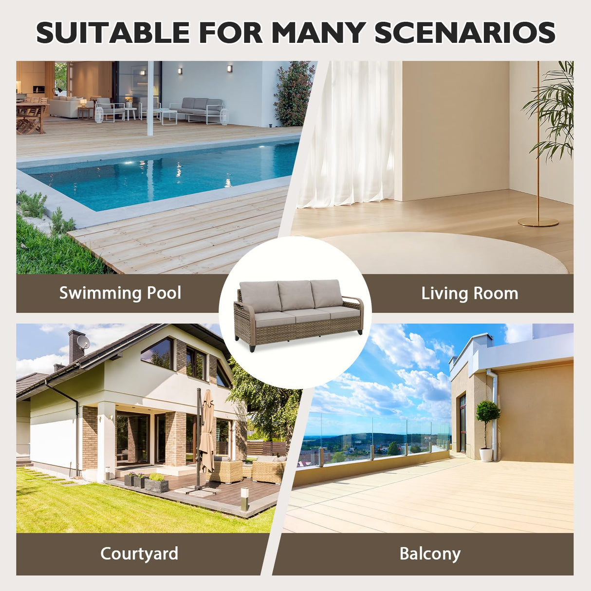 EAGLE PEAK Wicker Outdoor Patio Sofa Modern Rattan Patio Furniture Loveseat for Backyard Deck Porch Balcony, 3 Seat Couch, Brown/Gray EAGLE PEAK