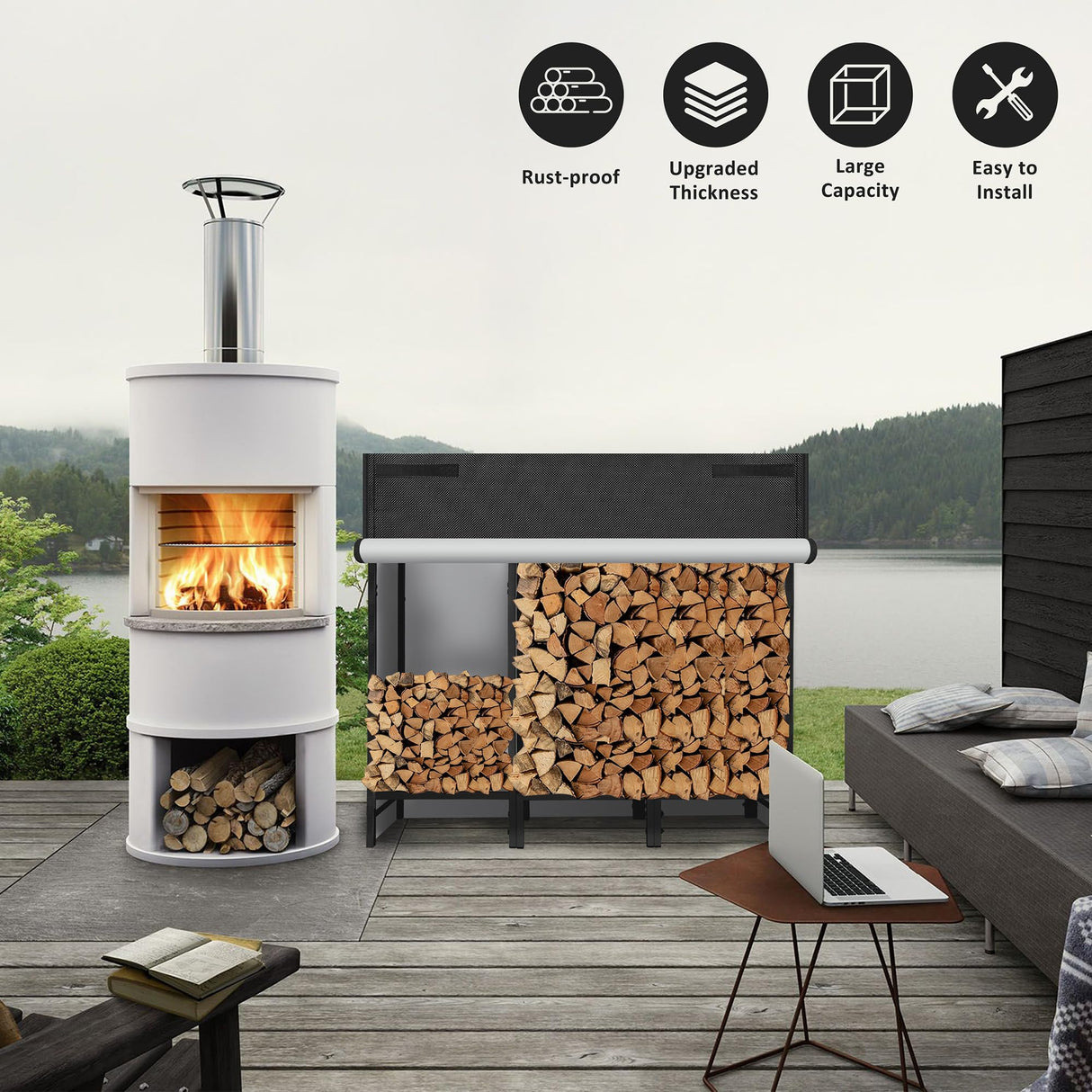 KYATE 4ft Firewood Rack Outdoor with Cover Fireplace Wood Storage Heavy Logs Stand Stacker Holder Strong Lumber Racks Outside for Courtyard Patio KYATE