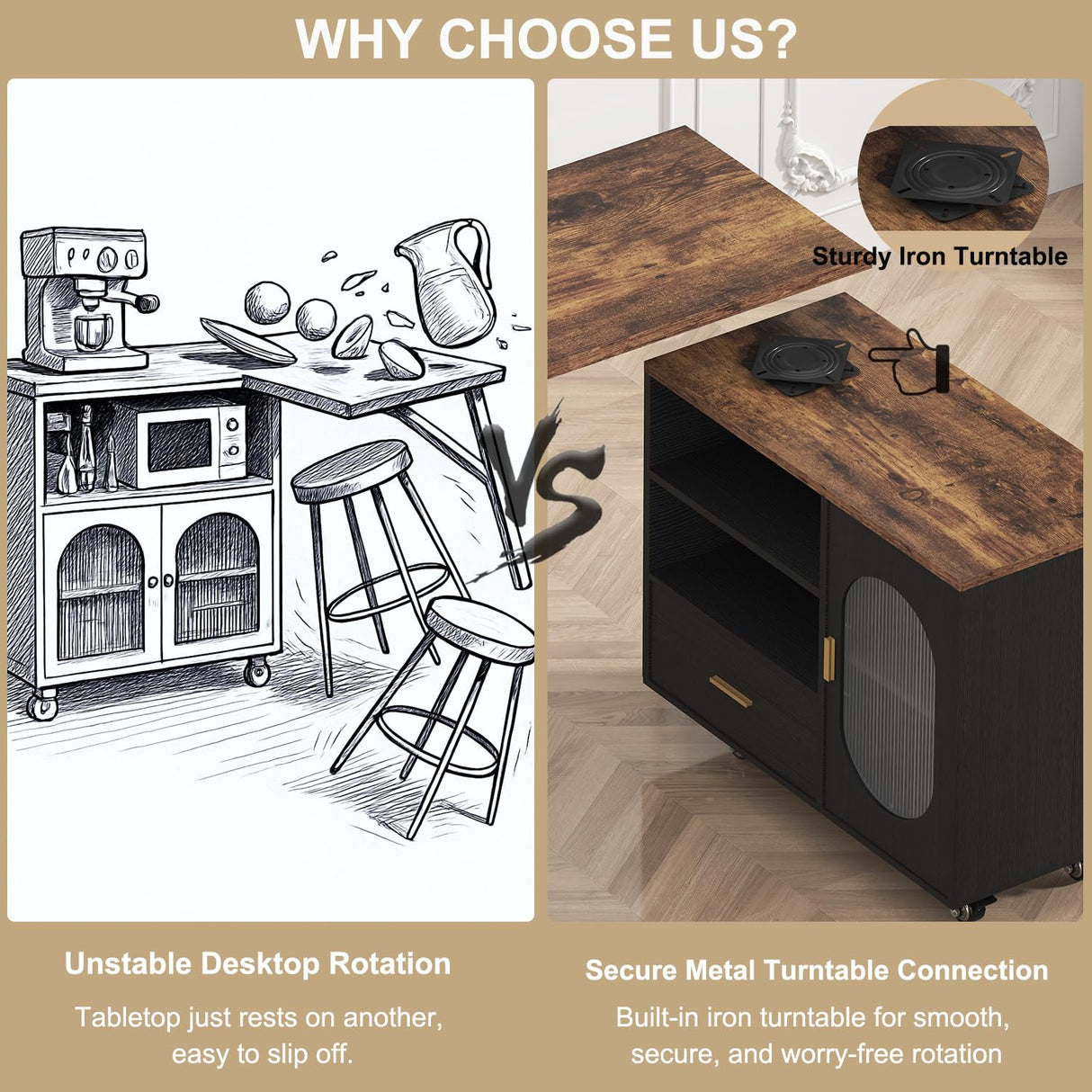 HSH 72" Rustic Kitchen Island with Storage, Mobile Farmhouse Kitchen Island Cart with Cabinet, Drawer & Shelves, Island Table on Wheels for Meal Prep, Dining Room & Home Bar, Rustic Brown & Black Oak HSH