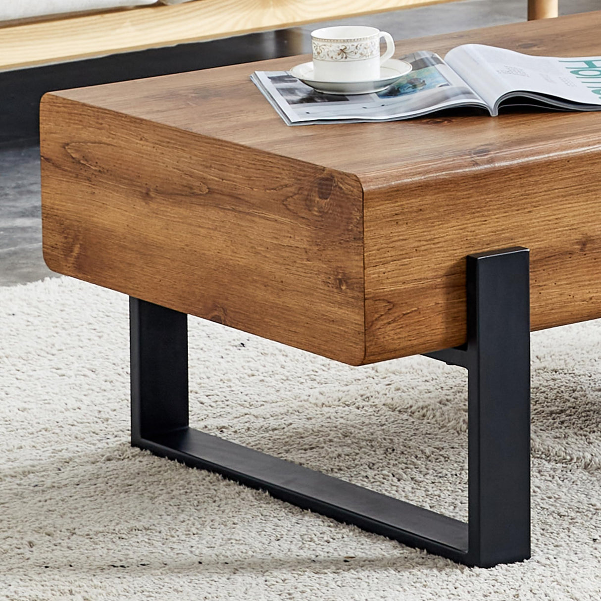 BFJDM 47.24'' Rustic Rectangle Coffee Table MDF Desktop with Metal Legs for Living Room Dining Room Bedroom Office BFJDM