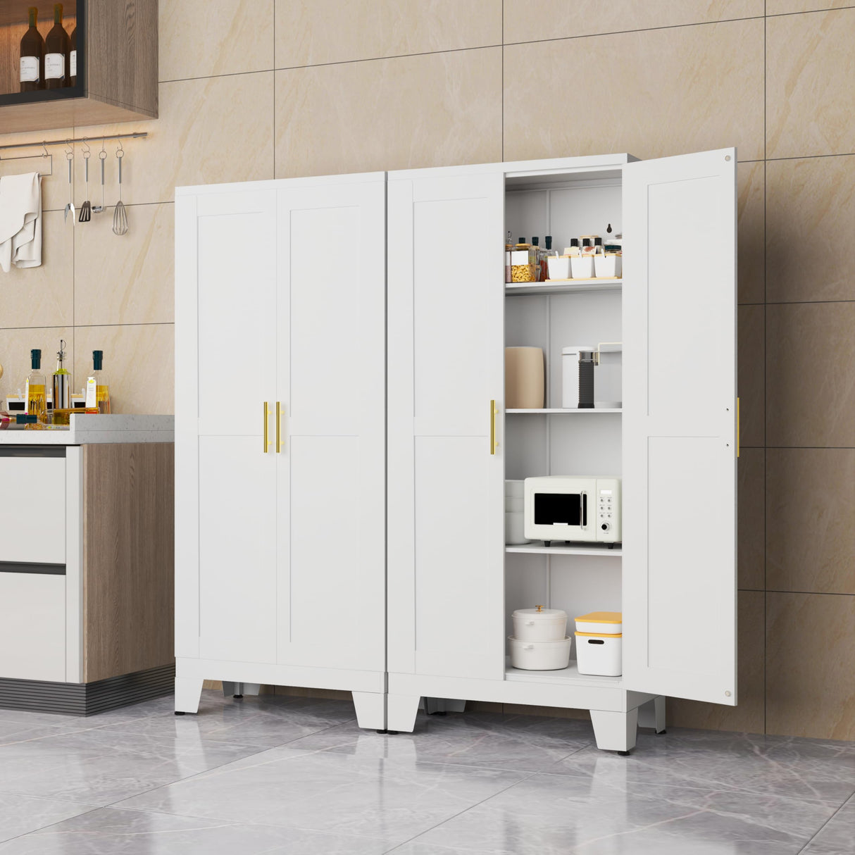 erosoei 61.02”H Pantry Storage Cabinet, Kitchen Storage Cabinets with Adjustable Feet and Shelves, Metal Pantry Cabinet for Kitchen, Living Room, Laundry Room and Dinning Room (2door-White) erosoei