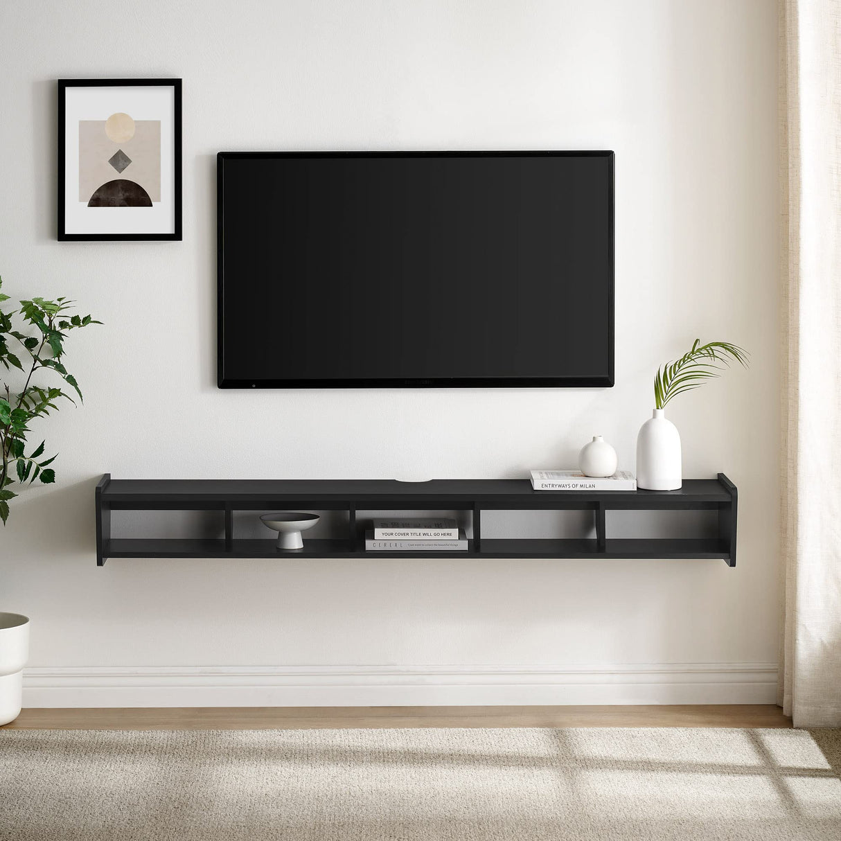 Walker Edison Zee Modern Floating Mounted Minimalist Stand for TVs up to 70 Inches, 65 Inch, Solid Black Walker Edison