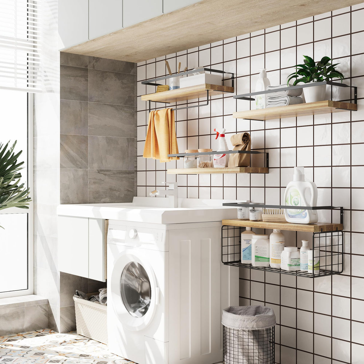 LUDORU Wood Floating Shelves Wall Mounted - 4+1 Tier Rustic Bathroom Wall Shelves Over Toilet with Wire Storage Basket and Towel Bar, Set of 4 Farmhouse Floating Shelf for Bathroom, Kitchen, Bedroom. LUDORU