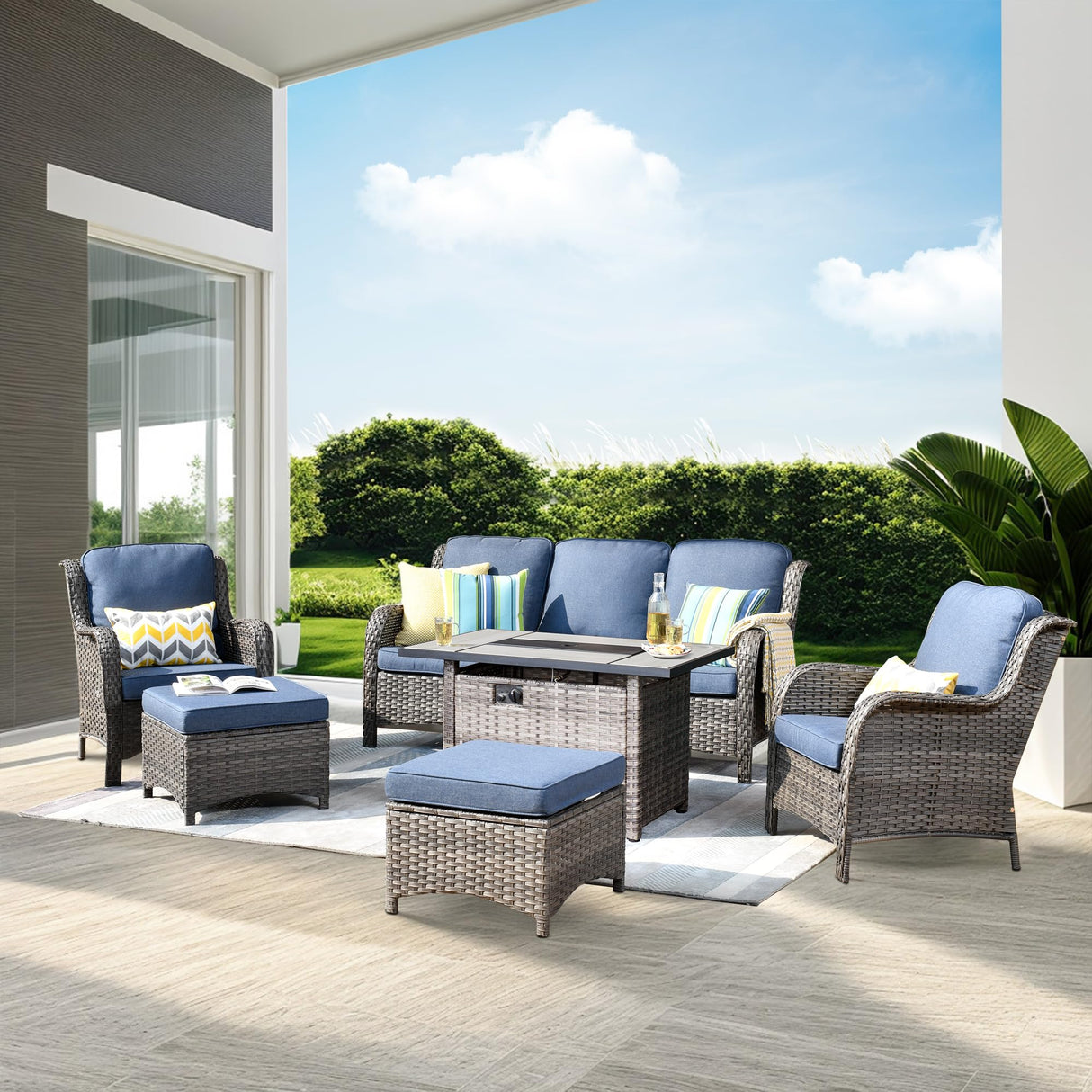 ovios Patio Furniture Sets 6 Pieces All Weather PE Wicker Rattan Outdoor Sectional Sofa Couch Conversation Set with Rectangle Fire Pit Table and Ottomans for Yard Porch, Grey Wicker Denim Blue ovios