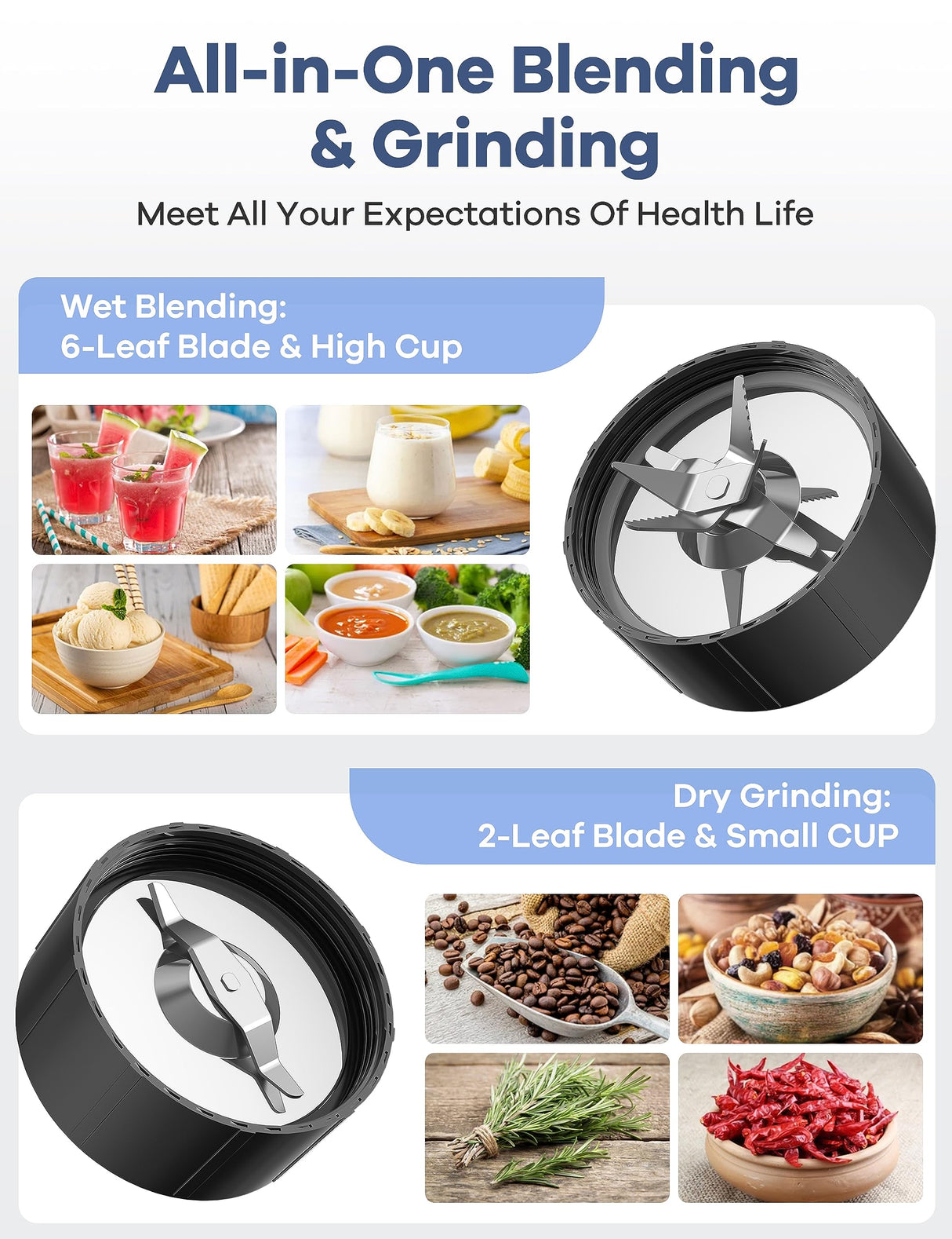 Ganiza Smoothie Blender, Blender for Shakes and Smoothies, 15-Piece Personal Blender and Grinder Combo for Kitchen, Smoothies Maker with 4 BPA-Free Portable Blender Cup, Nutritious Recipe, MAX 900W Ganiza