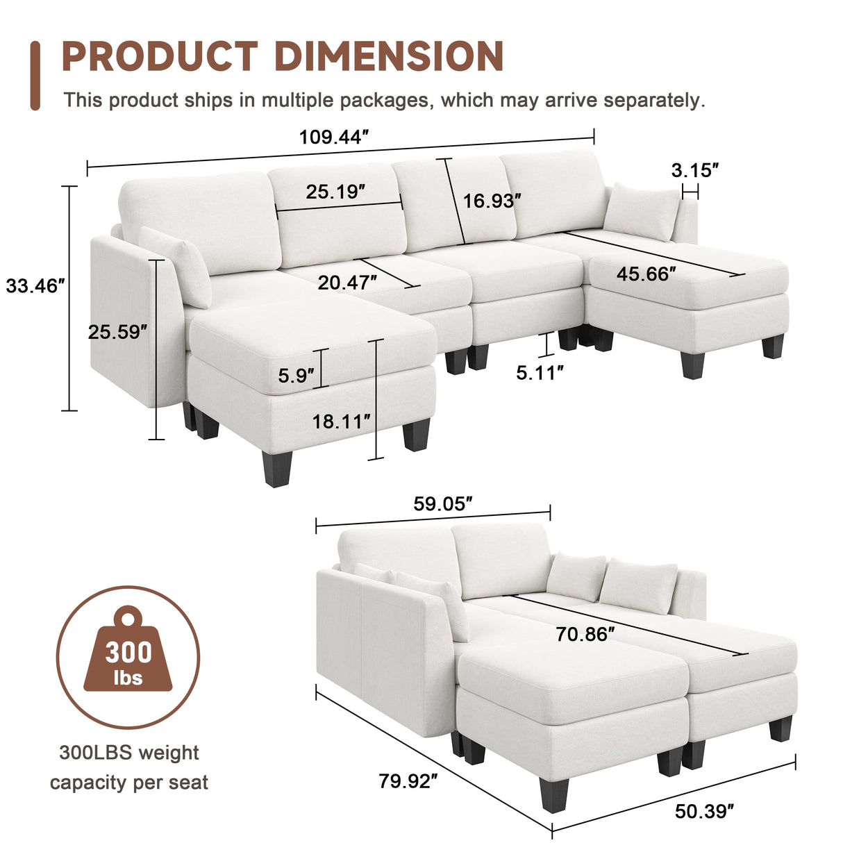 Huatean Home Modular Sectional Sofa, Convertible U Shaped Sofa Couch with High Density Memory Foam, 6 Seat Comfy Modular Sofa Couch for Living Room, Modern U Shaped Sectional Sofa, White Huatean Home