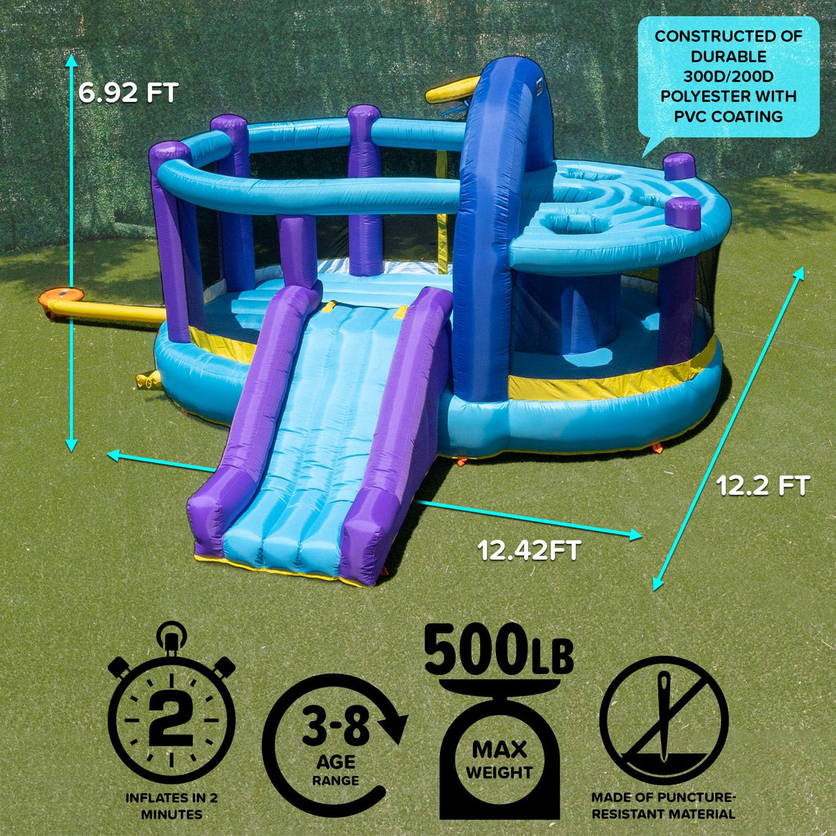 Sportspower INF-2415 Whack-A-Play Inflatable Bounce House with Basketball Hoop, Slide and Quick Inflate Blower: Recommended Age 3-8, Blue/Purple and Yellow, 13'x12'x7.83' Sportspower