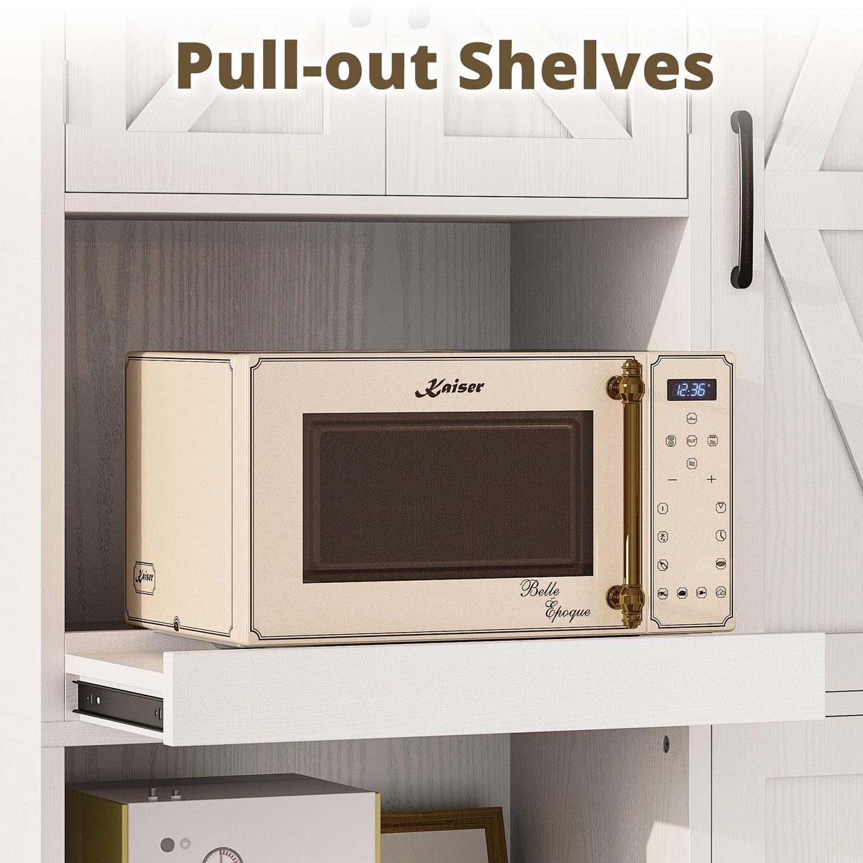 IRONCK Farmhouse Kitchen Pantry Cabinet, Kitchen Hutch Cabinet with Microwave Stand, Tall Food Pantry Cabinet with Storage Drawers and Adjustable Shelf for Kitchen, Dining Room, White IRONCK