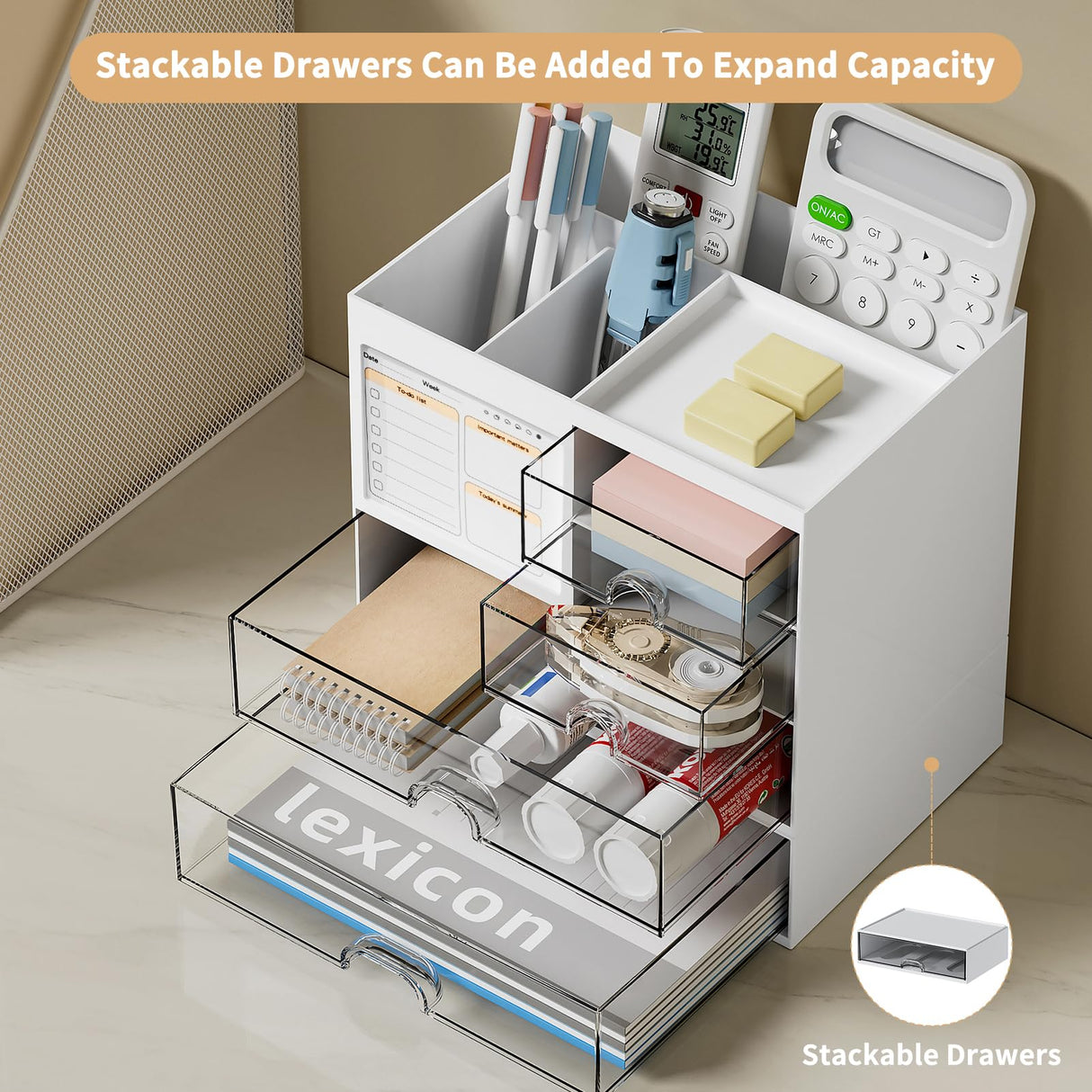 QIYVLOS Desk Organizer with 3 Drawer, Multi-Functional Pencil Pen Holder for Desk, Desk Organizers and Storage with 8 Compartments, Desktop Organizer for Office Home Art Supplies (White) QIYVLOS