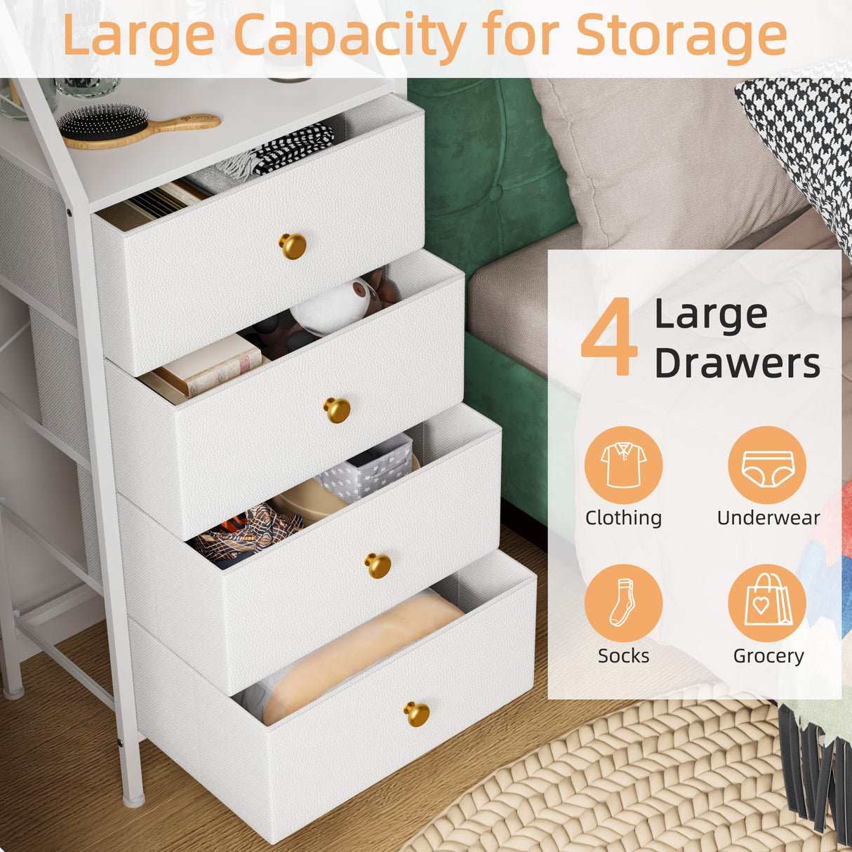 HIGDBFE Dresser with Mirror, 4 Drawers Dresser with 2-Tier Shelves, Freestanding Fabric Chest of Drawers for Small Space, Tall Narrow Nightstand Vanity for Bedroom, Hallway, Dorm, White, 15.3" W HIGDBFE