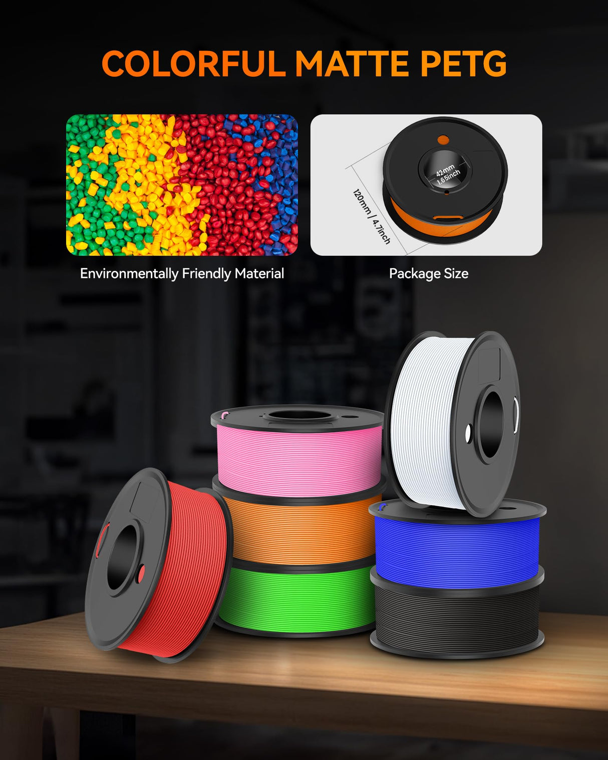 TECBEARS Rapid PETG Filament Bundle,High Speed 3D Printer Filament, High Toughness Matte PETG, 250g Each Spool, 8 Pack, Black+White+Gray+Red+Orange+Green+Blue+Pink TECBEARS