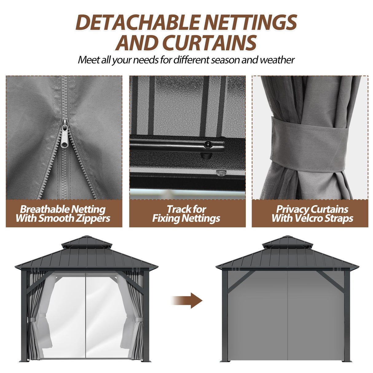 8.5' x 8.5' Hardtop Gazebo, Galvanized Steel Double Roof Gazebo with Nettings and Curtain Outdoor Aluminum Frame Vertical Stripes Roof Gazebos for Patio, Backyard, Lawn Raysfung