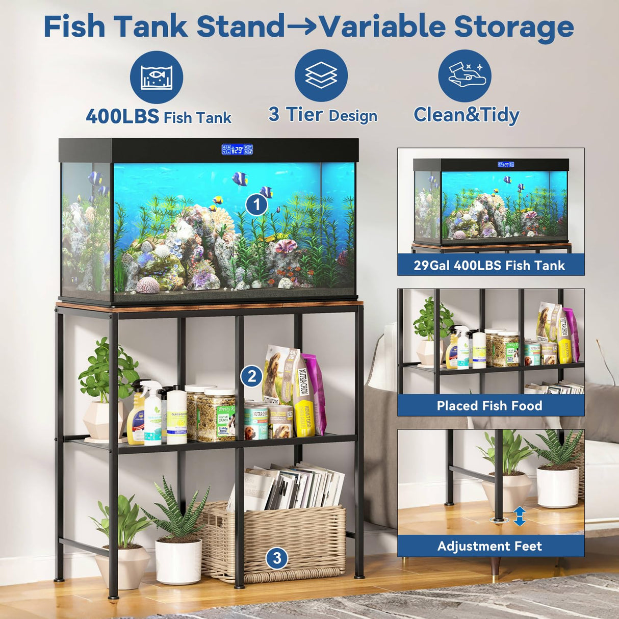 20-29 Gallon Water Tank Fish Tank Stand Metal Iron Frame for Insect Tank Pot Plants 2-in-1 Shelf Maximum Weight 400 Lbs 31.5In x 15In Adjustable Legs Suitable for A Variety of Furniture Styles Zekoled
