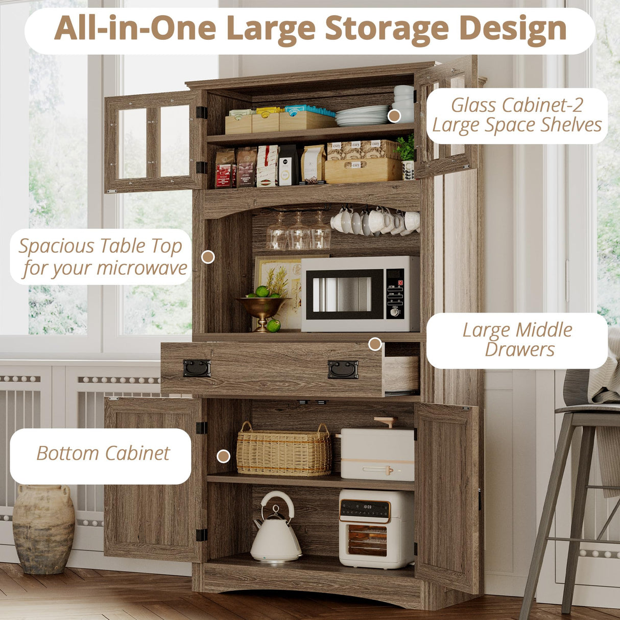 IRONCK Pantry Cabinet with Power Outlets, Kitchen Pantry Storage Cabinet with Microwave Stand, Farmhouse Kitchen Hutch for Dining Room, Living Room, Light Rustic Oak IRONCK