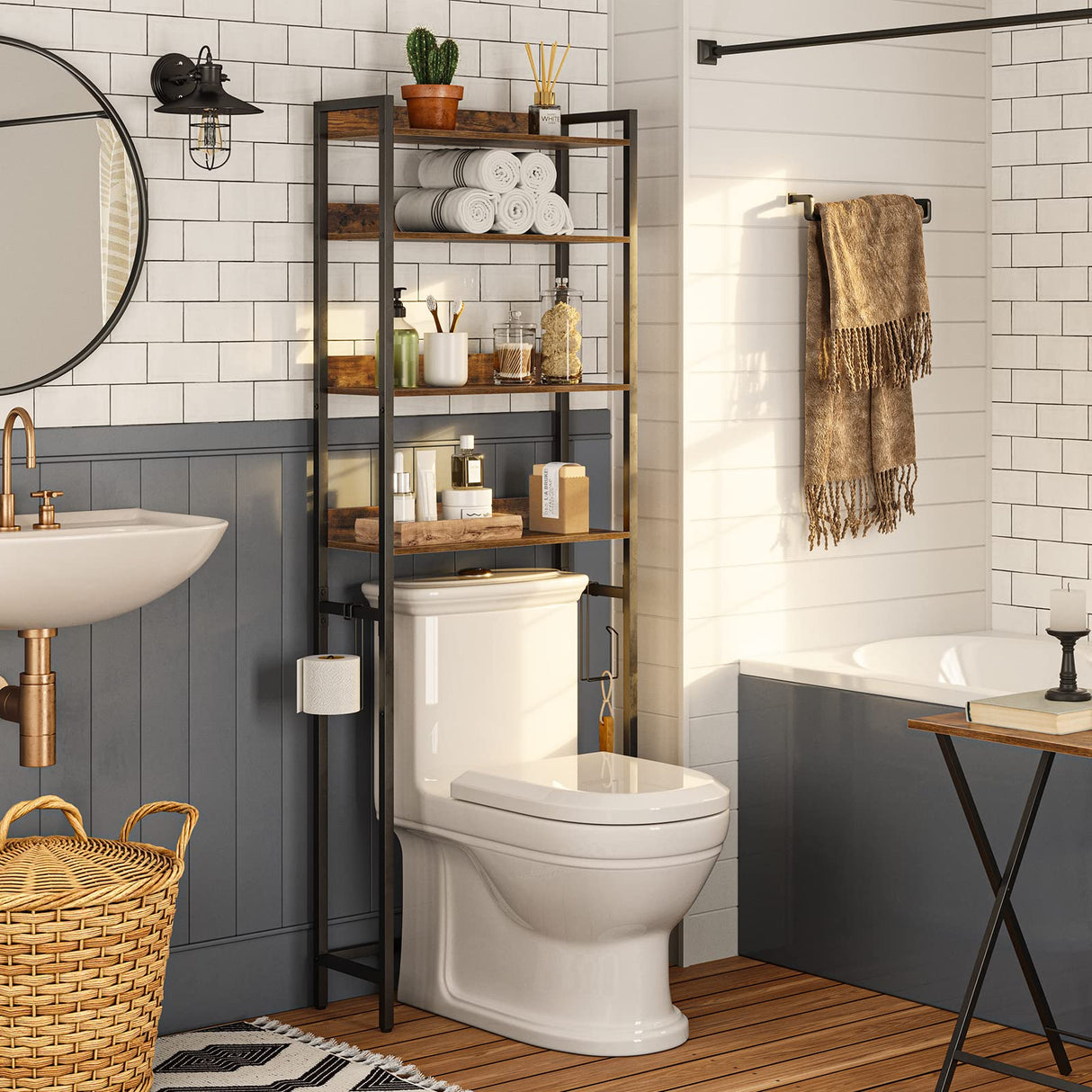 MAHANCRIS Rustic Brown 4-Tier Over The Toilet Storage Rack with Hooks - Versatile Bathroom Organizer MAHANCRIS