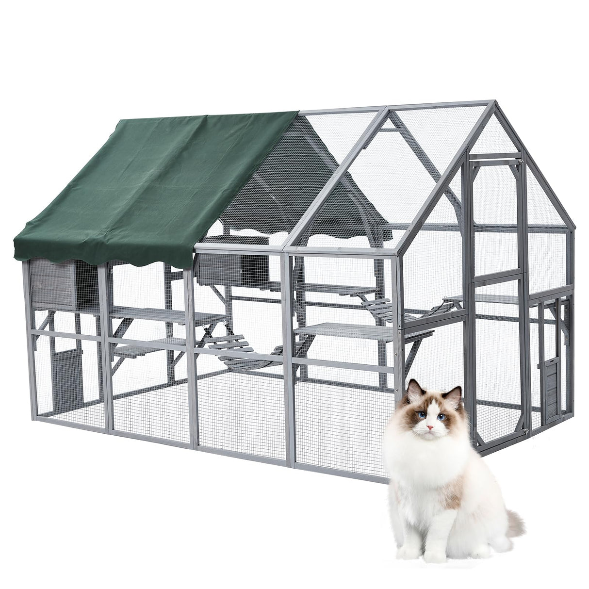 GarveeLife Large 3-Tier Outdoor Cat House, Small Animal Enclosure with 2 Lockable Cat Doors and a Walk in Door, Large Catio with Half Waterproof Cover, Portable Kitty House with Resting Boxes GarveeLife