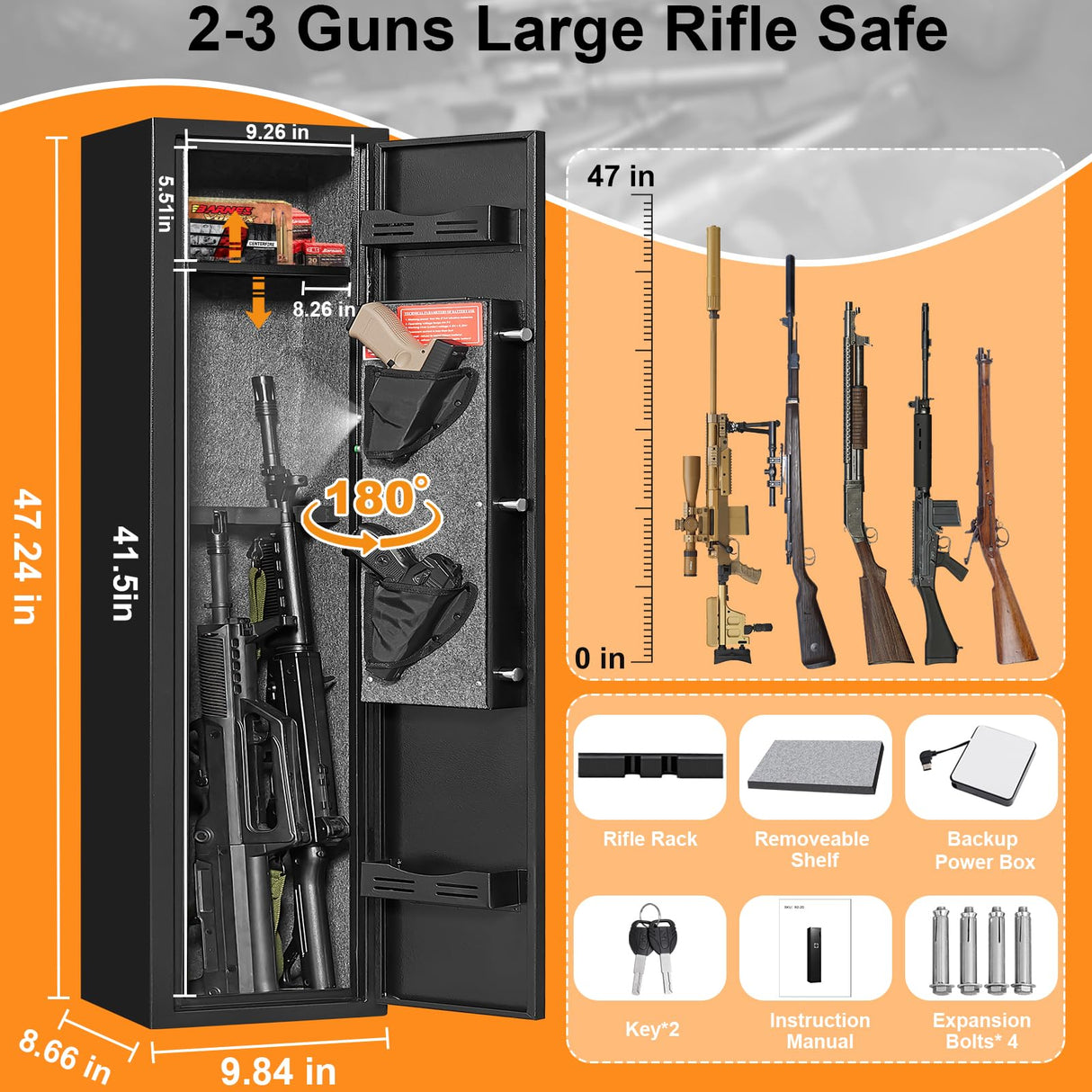 ANXINWEI 2-3 Gun Safe, Gun Cabinet with 180° Full Access Door and Removable Shelf, Gun Safe for Rifles and Pistols with Dual Alarm System and Mute Mode, Quick Access Long Shotgun Safe with LED ANXINWEI
