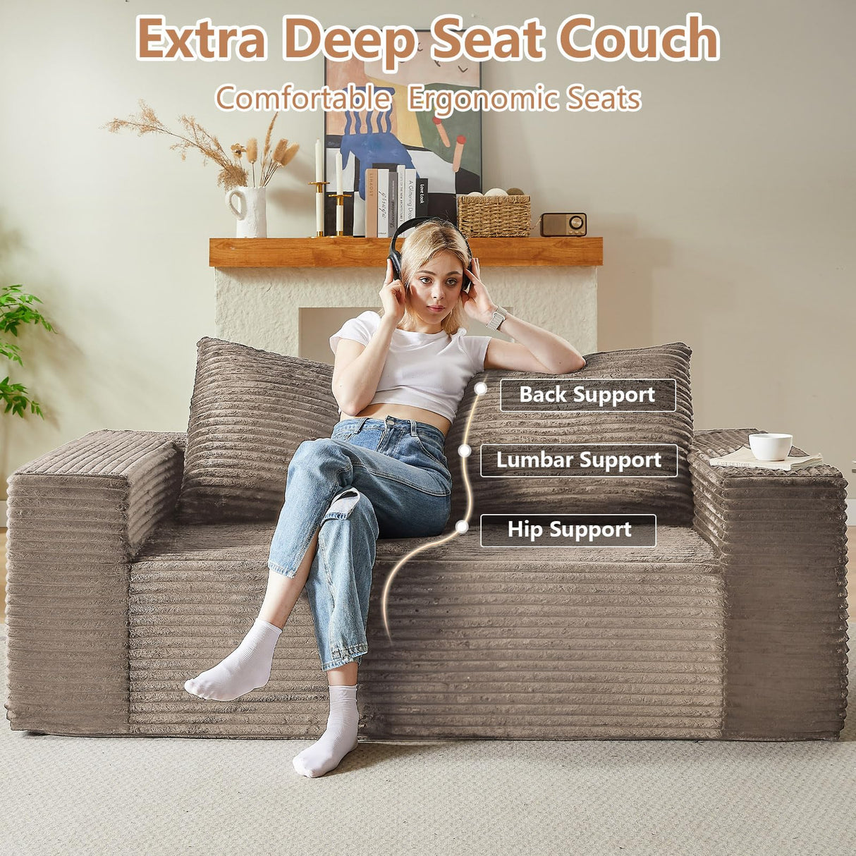 63" Boneless Couch Loveseat Sofa, Comfy Deep Seat Cloud Couch, Memory Foam, No Assembly Required Floor Sofa for Living Room, Bedroom, Apartment, Small Spaces, Corduroy, Camel Lakifun
