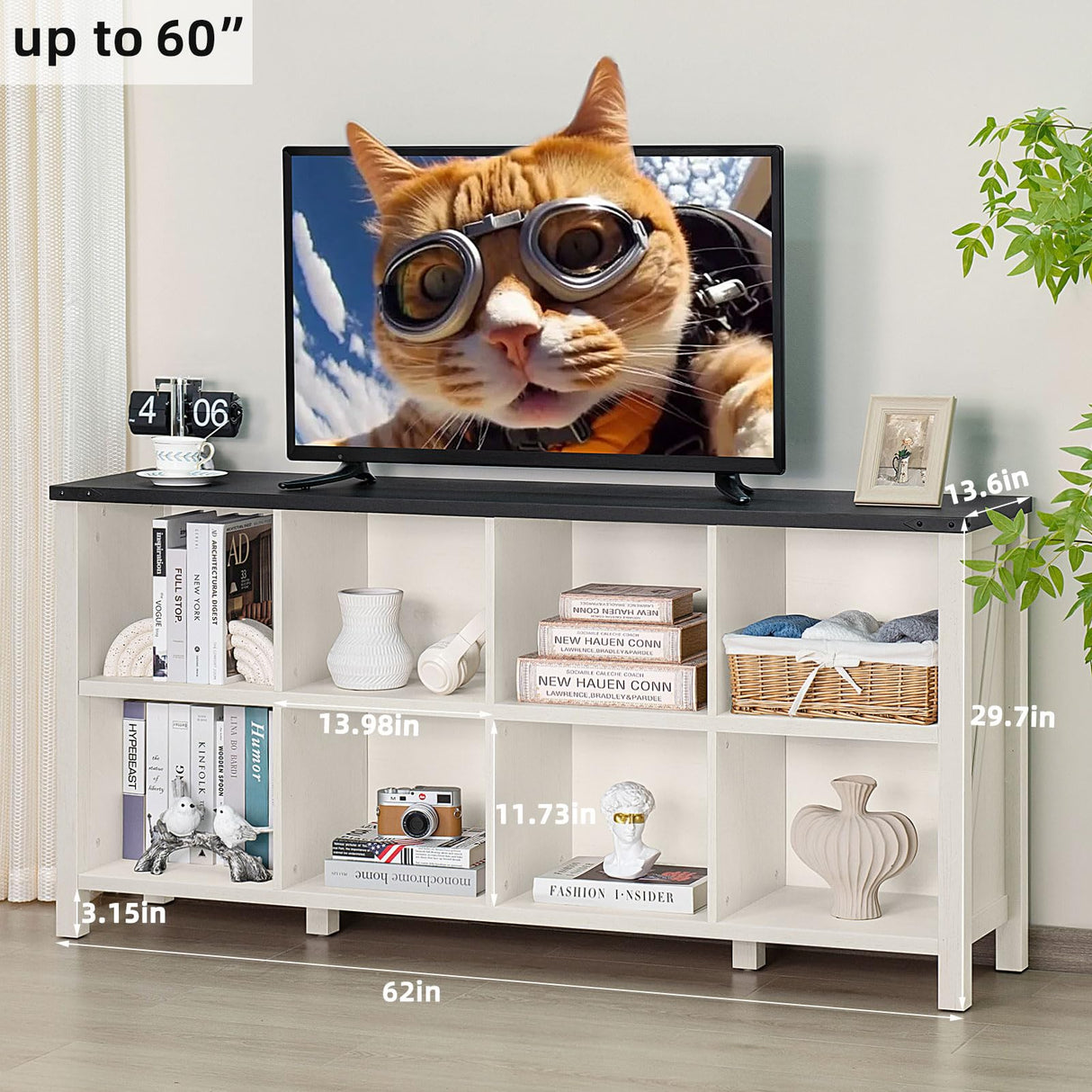 Joaxswe 8 Cube Book Shelf, Farmhouse Wood Long Storage Organizer Bookcase, 62" Horizontal Antique White & Black Console Bookshelf, Kids Toy Storage Cabinet, Modern Open Book Case for Playroom, Office Joaxswe