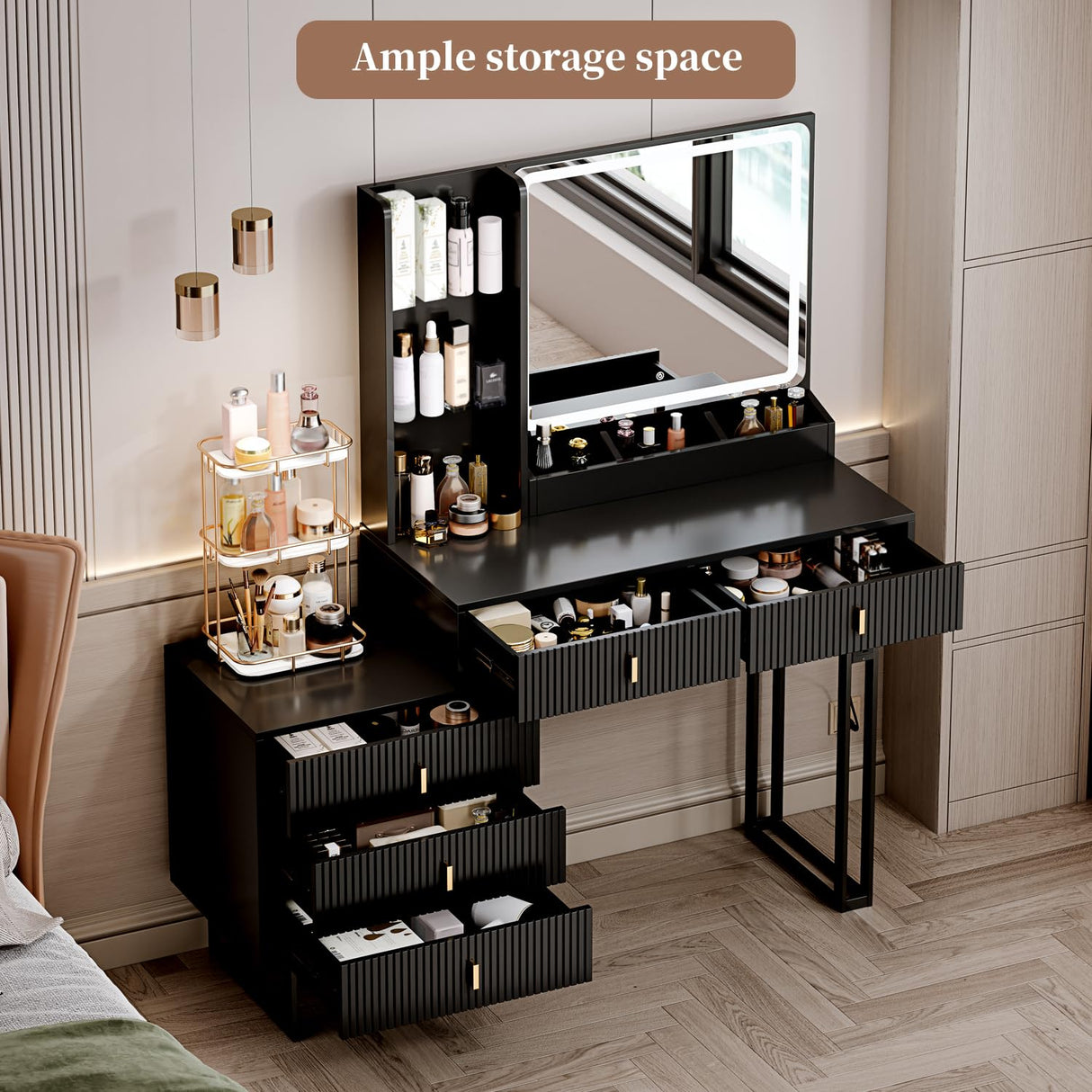 Large Vanity Desk with 3 Color Touch Screen Dimming Mirror, Vanity Desk with Charging Station, Modern Retractable Makeup Dressing Table, Vanity Table With storage shelves and 5 Sliding Drawers, Black YYJ