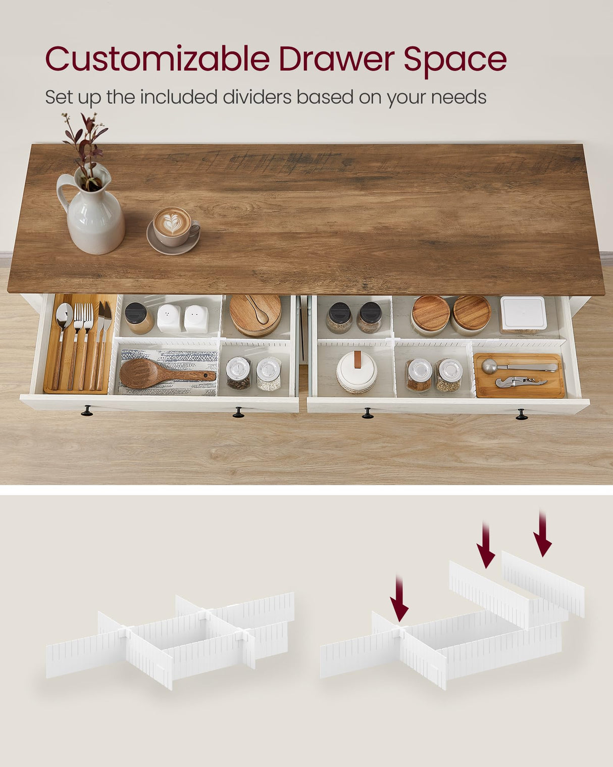 VASAGLE Coffee Bar Cabinet, Kitchen Storage Cabinet with 2 Drawers, Farmhouse Cabinet Sideboard with Adjustable Shelves for Kitchen, Rustic White and Honey Brown UBBK381W01 VASAGLE