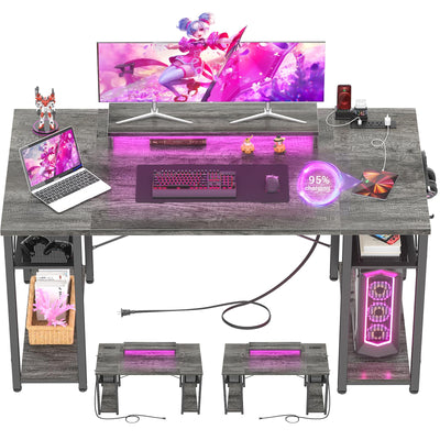 armocity Computer Desk with LED Lights, 55 Inch Desk with Power Outlet and USB, Reversible Large Desk with Moveable Monitor Stand, 55.2'' Gaming PC Table for Home Office, Workstation, Grey