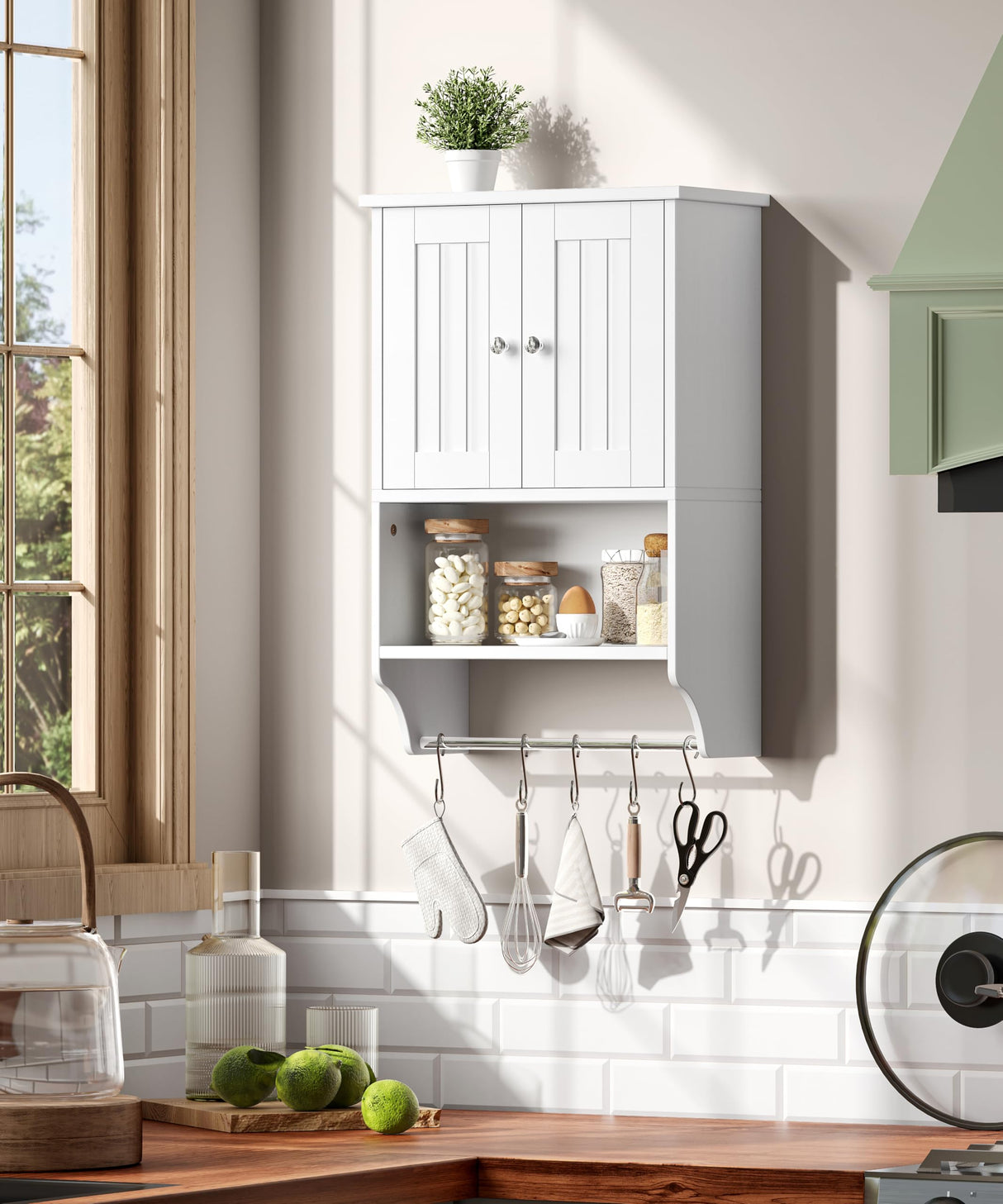 Irontar Small Medicine Cabinet with Towel Bar, Modern Bathroom Wall Cabinet with 2 Lined Doors, Over the Toilet Storage Cabinet with Adjustable Shelf, for Bathroom, Living Room, Kitchen, White CWG018W Irontar