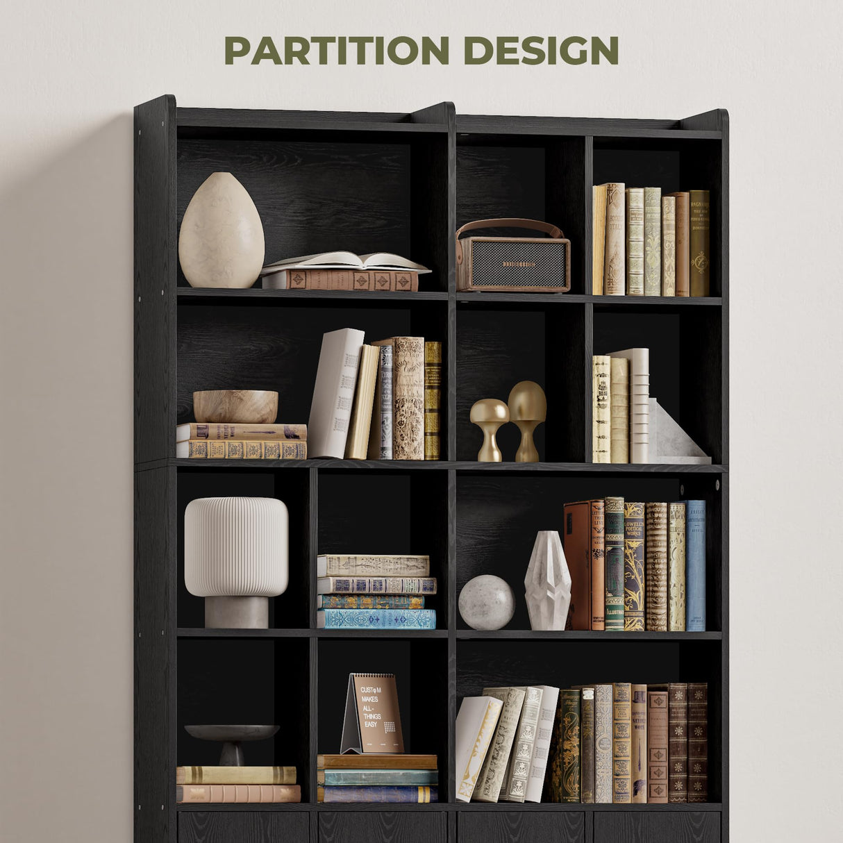 IRONCK Bookshelves and Bookcase, 6 Tiers Large Bookshelf with 4 Doors, Floor Standing Tall Display Storage Shelves for Home Office, Living Room, Bedroom, Black IRONCK