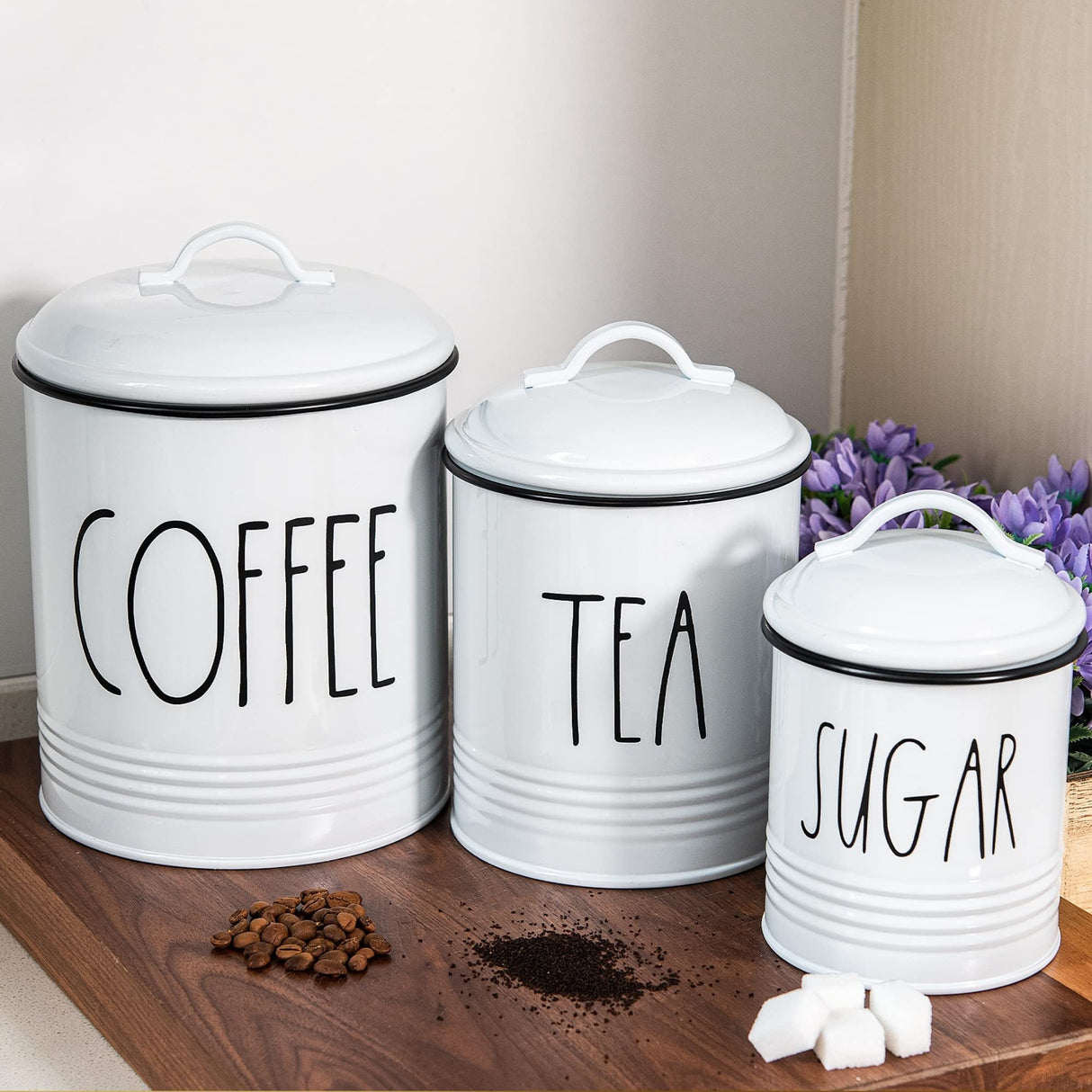 Brighter Barns Large Coffee Tea Sugar Canister Set Farmhouse Coffee Container Set - Large Airtight Food Storage Containers with Lids - Farmhouse Kitchen Decor - Coffee Station Decor & Accessories Brighter Barns