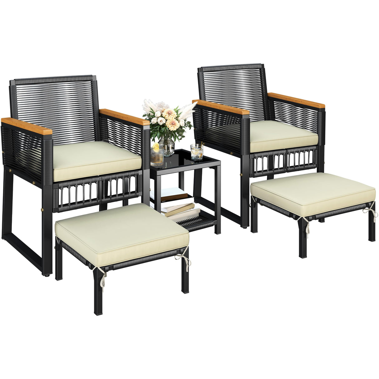 Yaheetech 5-Piece Outdoor Conversation Set, Wicker Rattan Patio Furniture Set w/Rattan Armchairs, 2-Layer Side Table, Ottomans, Acacia Wood Armrests & Metal Frame for Backyard, Porch, Balcony Yaheetech